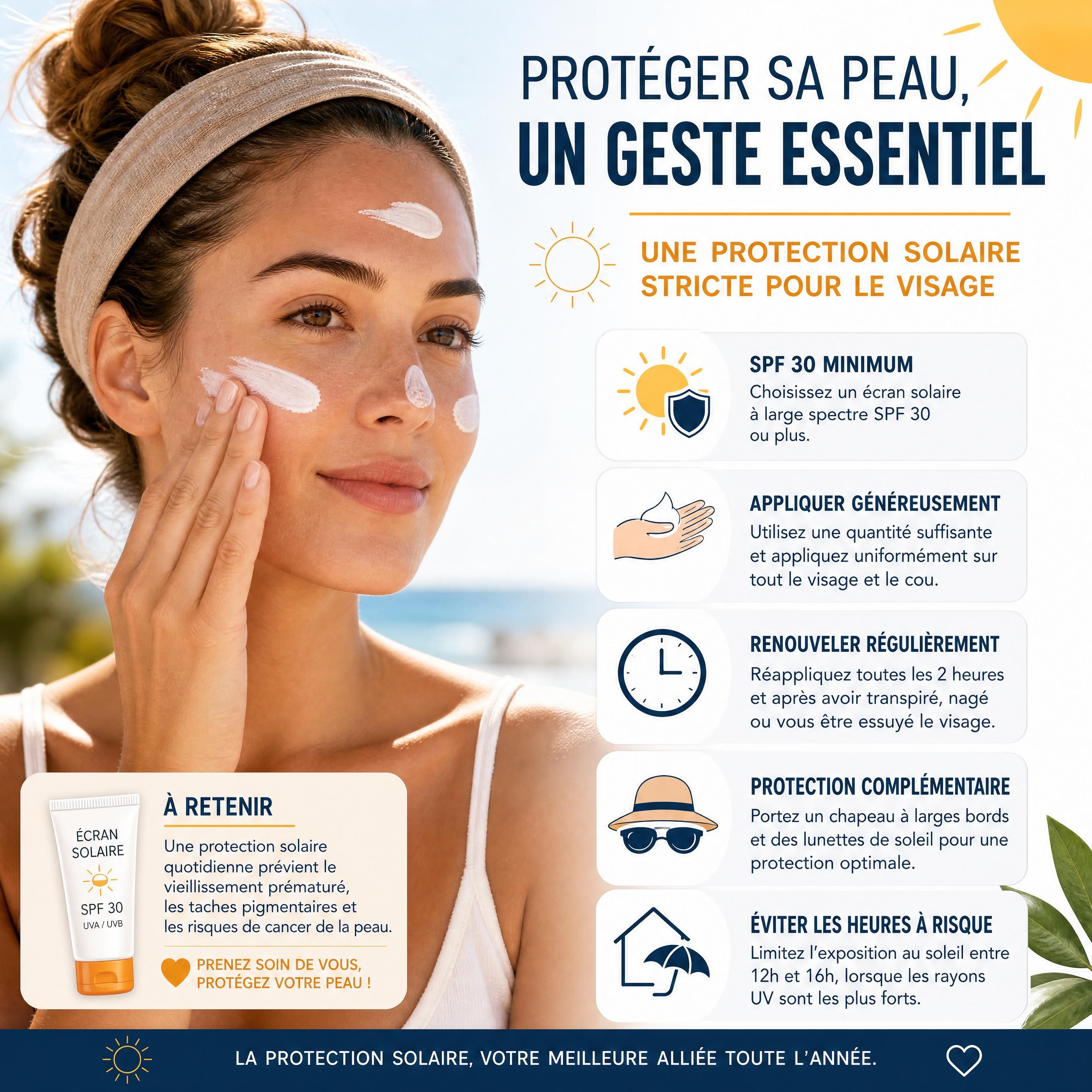Une illustration montrant l'application d'une protection solaire stricte sur le visage