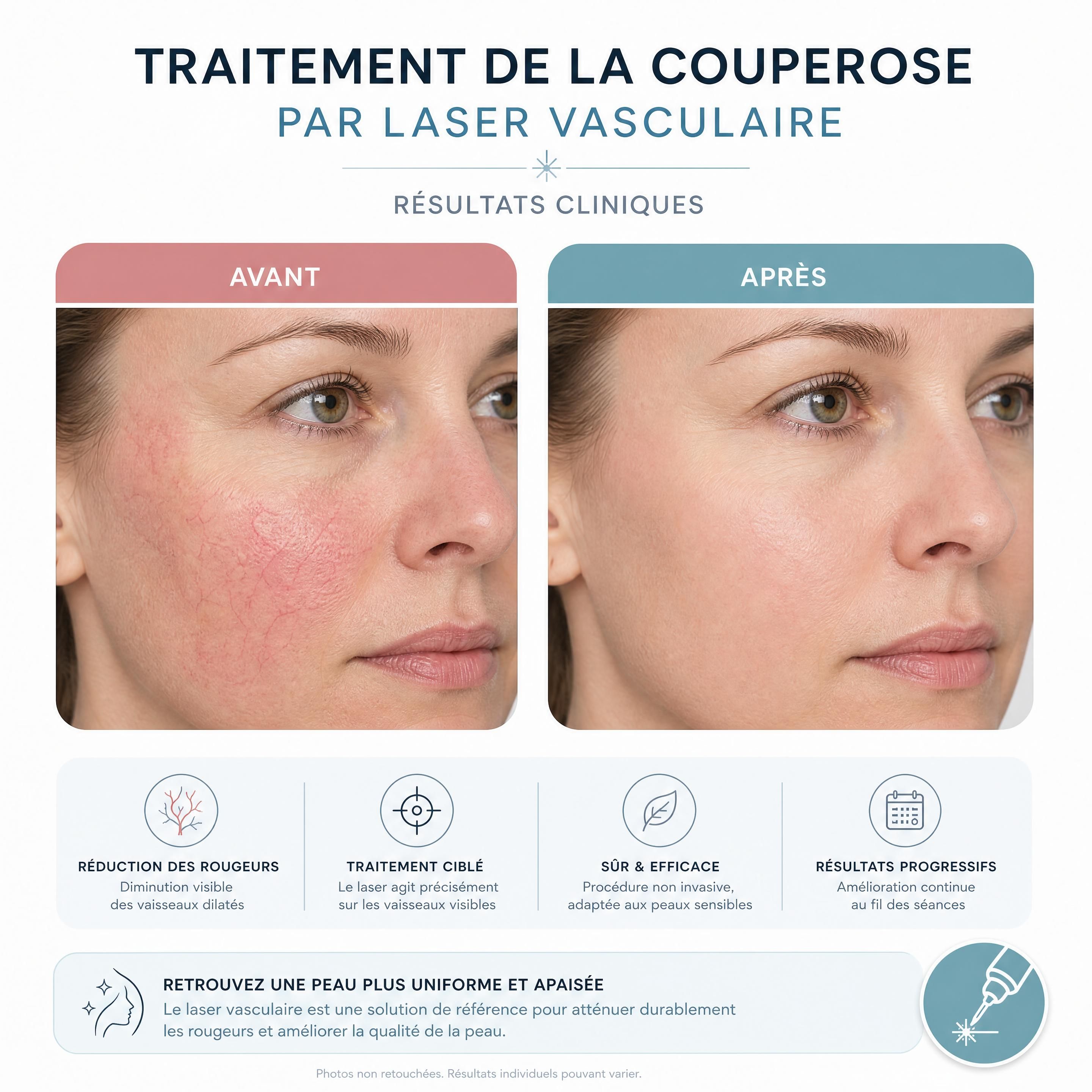 Résultats cliniques avant-après d'un traitement de la couperose par laser vasculaire
