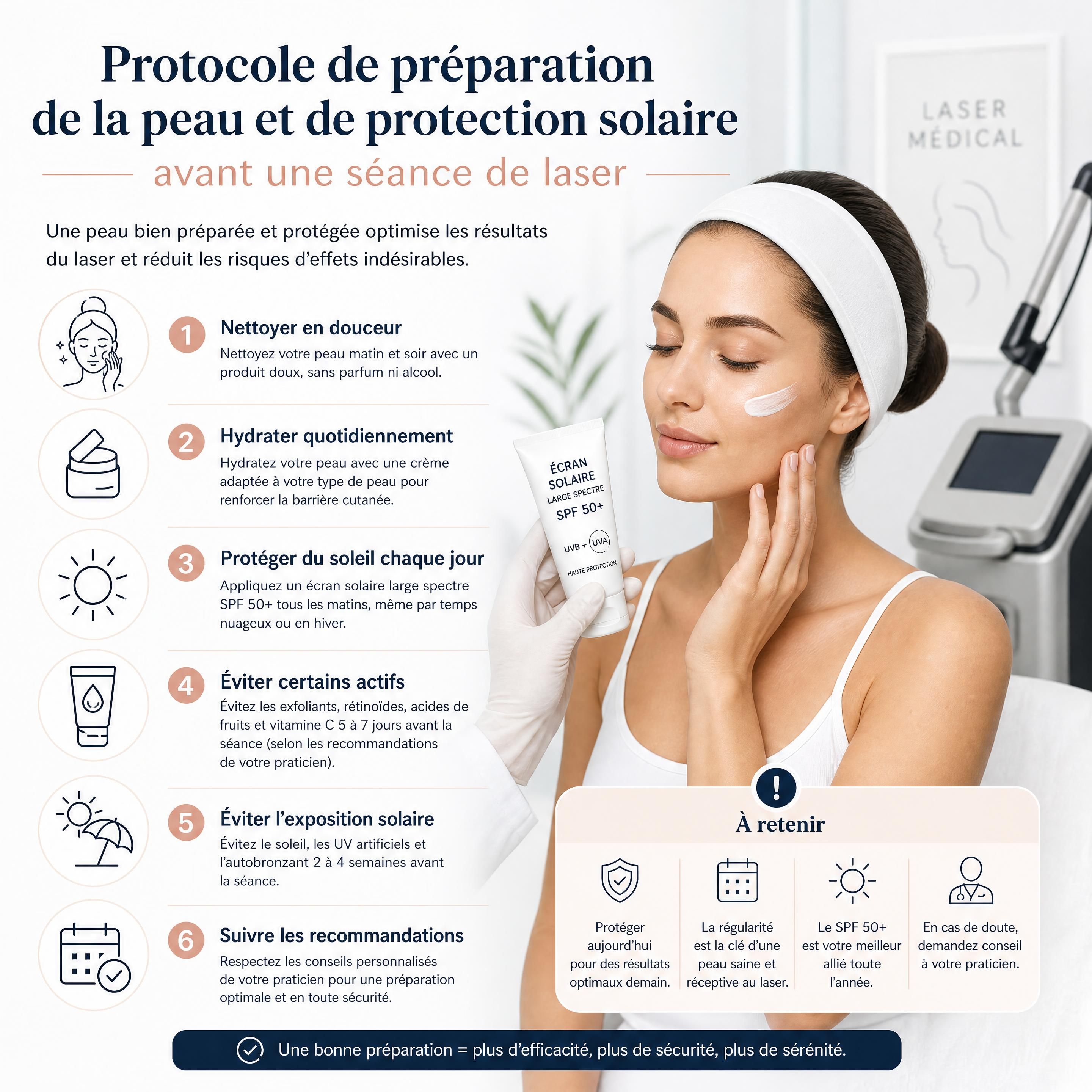 Protocole de préparation de la peau et de protection solaire avant une séance de laser