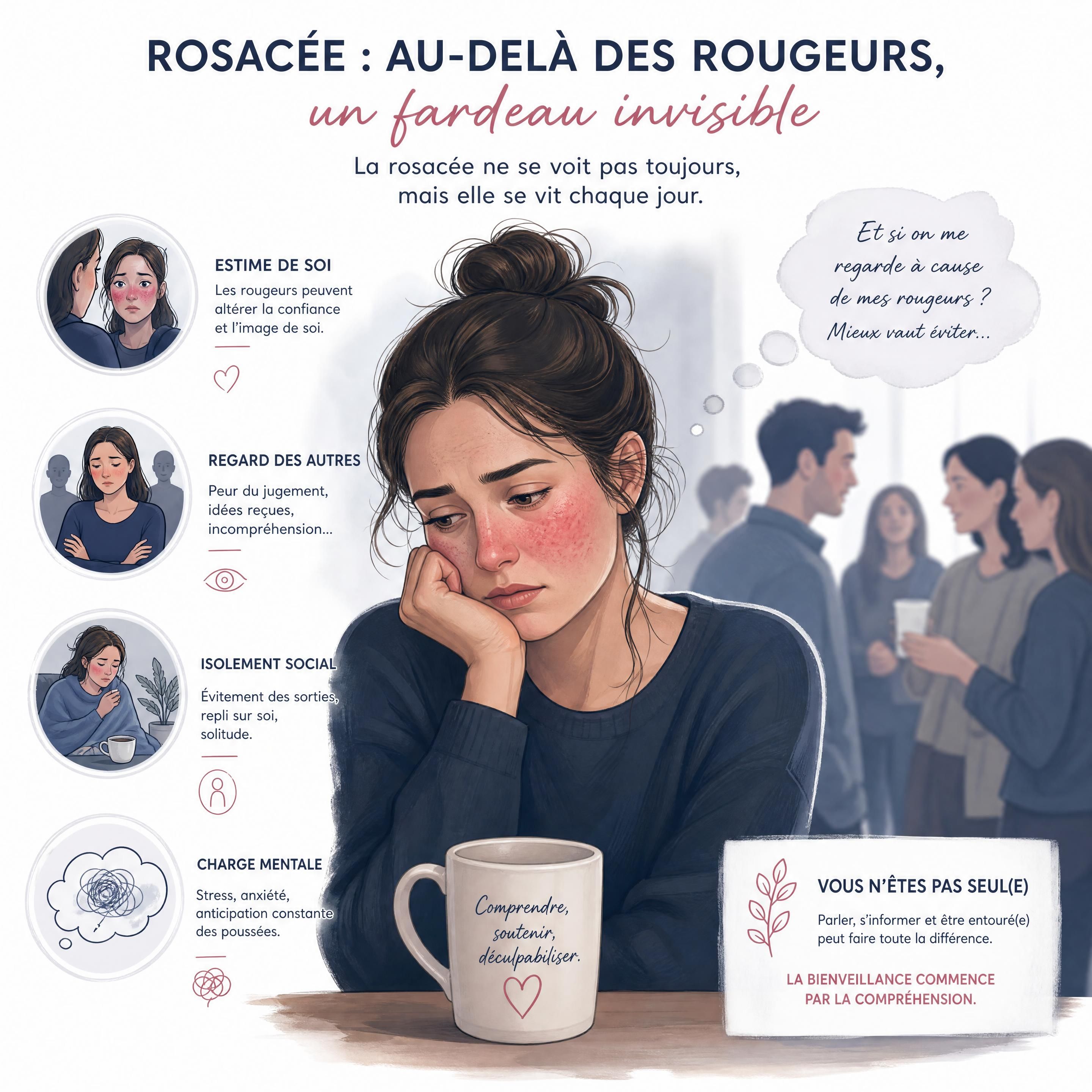 Illustration du fardeau psychologique et de l'isolement social liés aux rougeurs cutanées de la rosacée