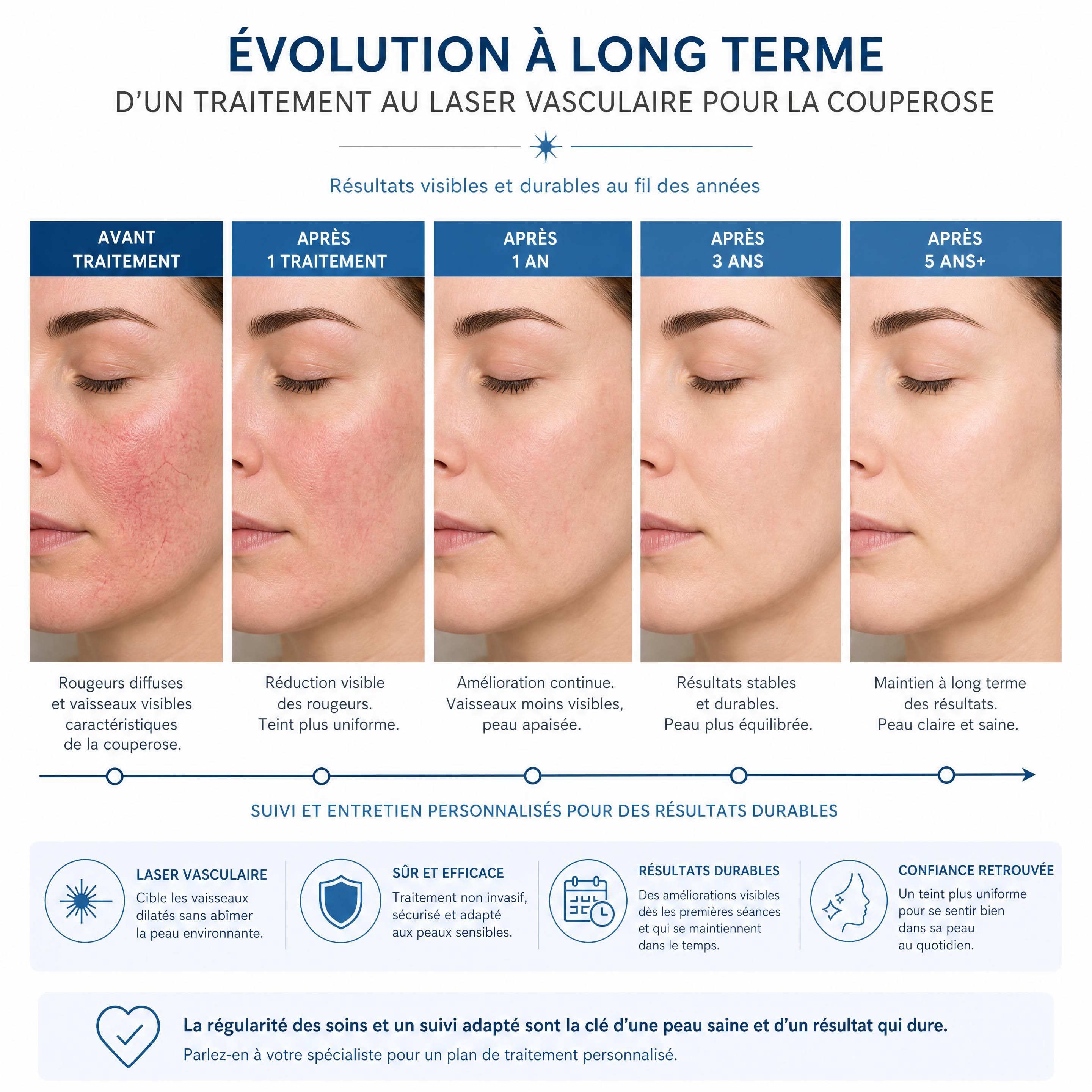 Evolution à long terme d'un traitement au laser vasculaire pour la couperose avant et après plusieurs années