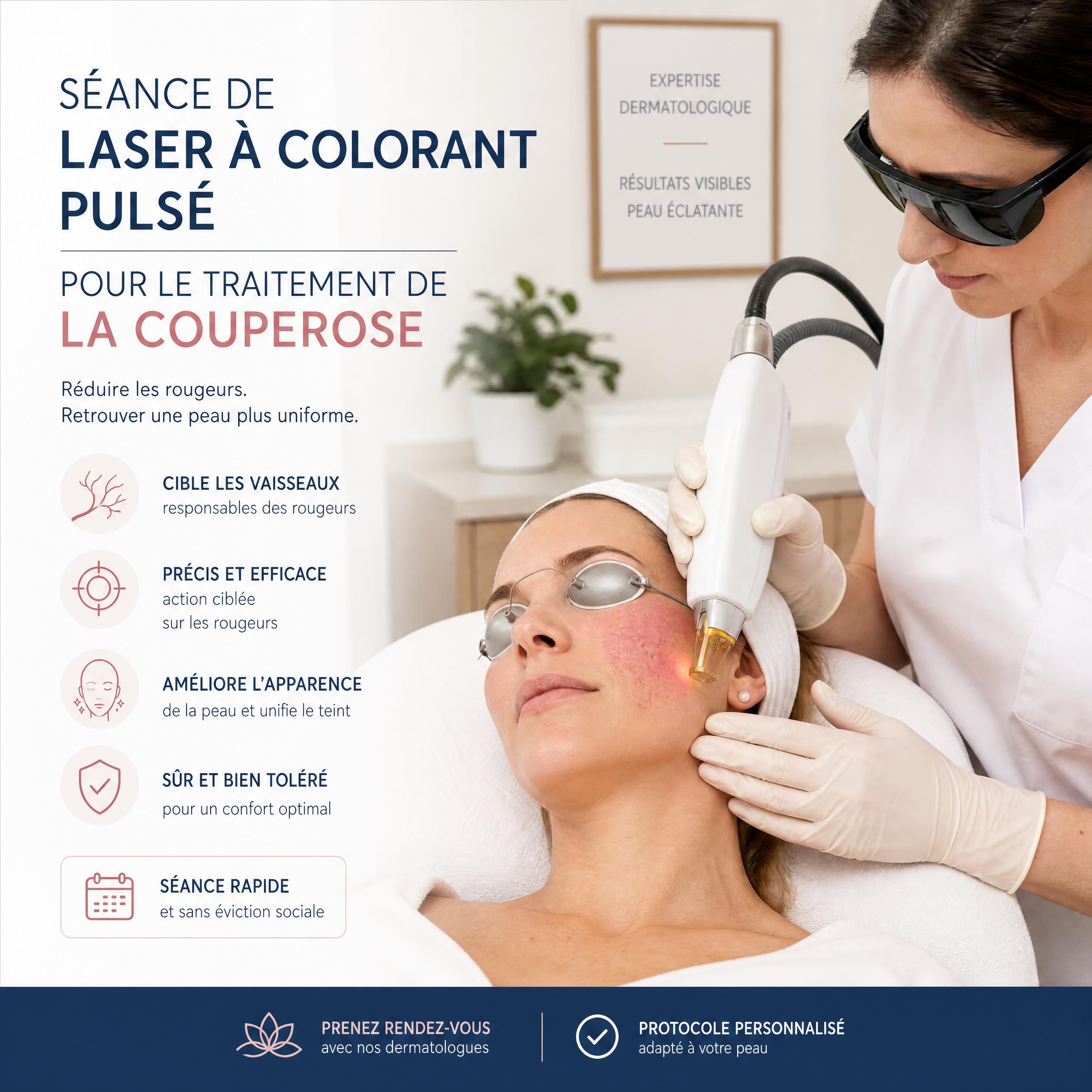 Séance de laser à colorant pulsé en clinique dermatologique pour le traitement de la couperose