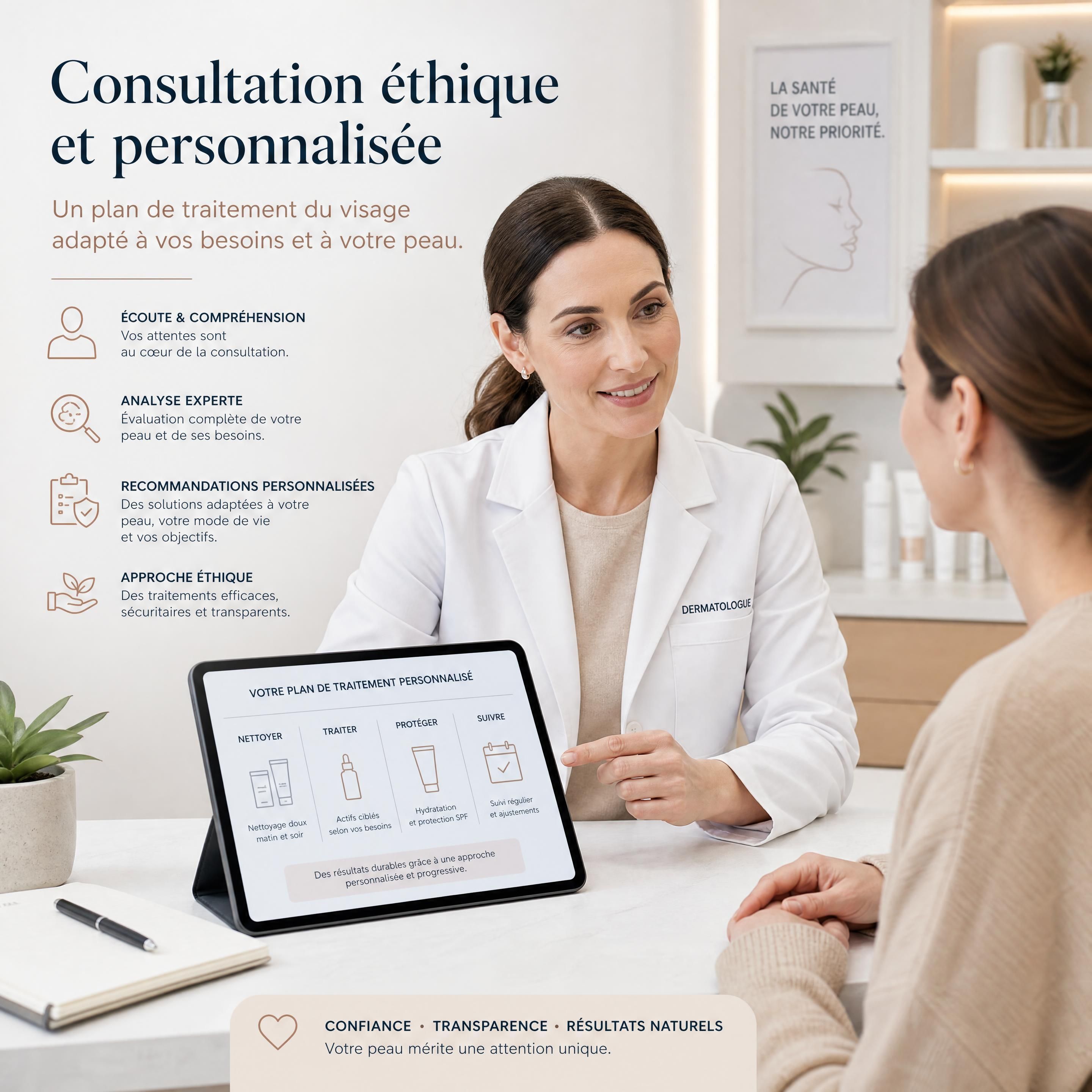 Consultation éthique et personnalisée entre une dermatologue et son patient pour un plan de traitement du visage