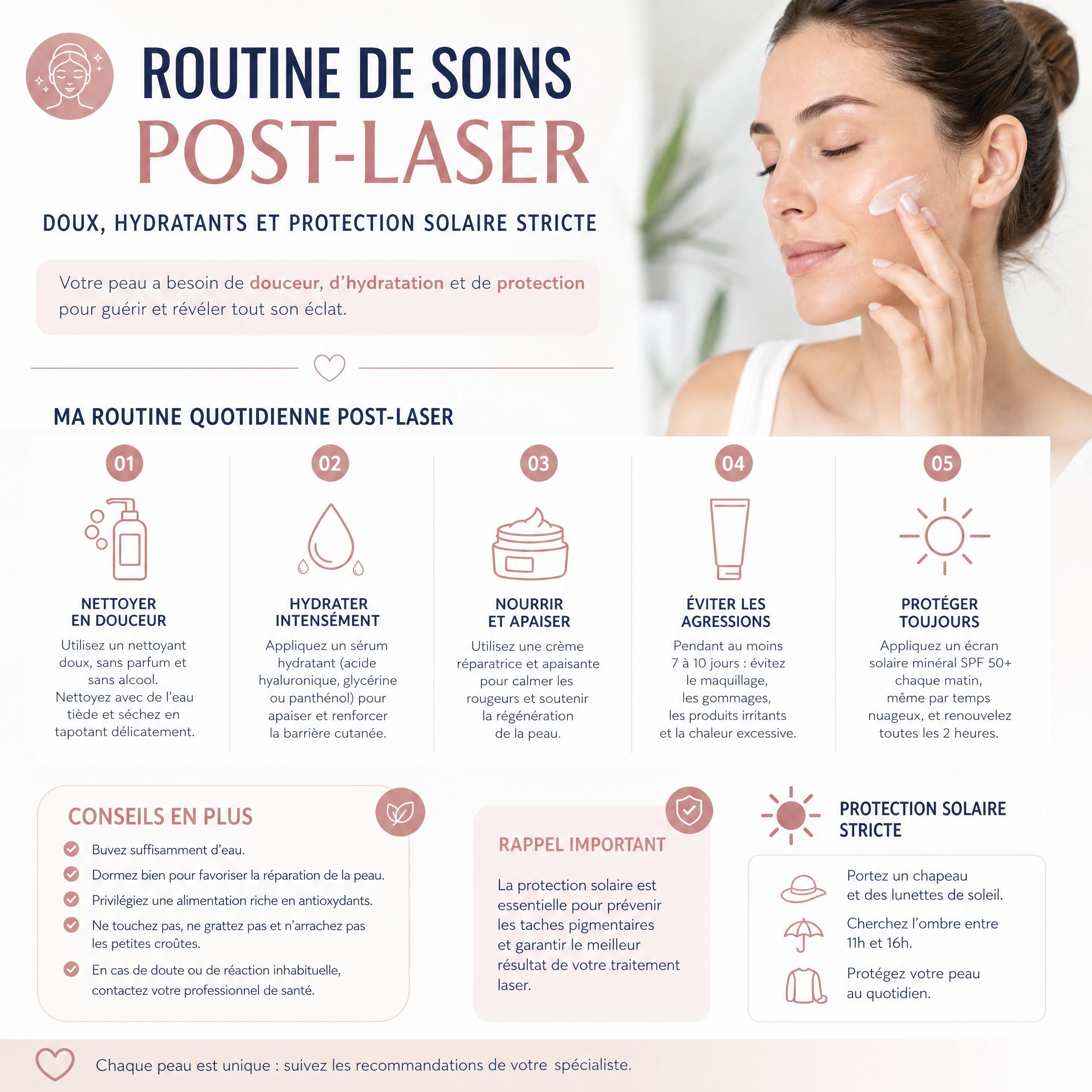 Routine de soins post-laser doux et hydratants avec protection solaire stricte