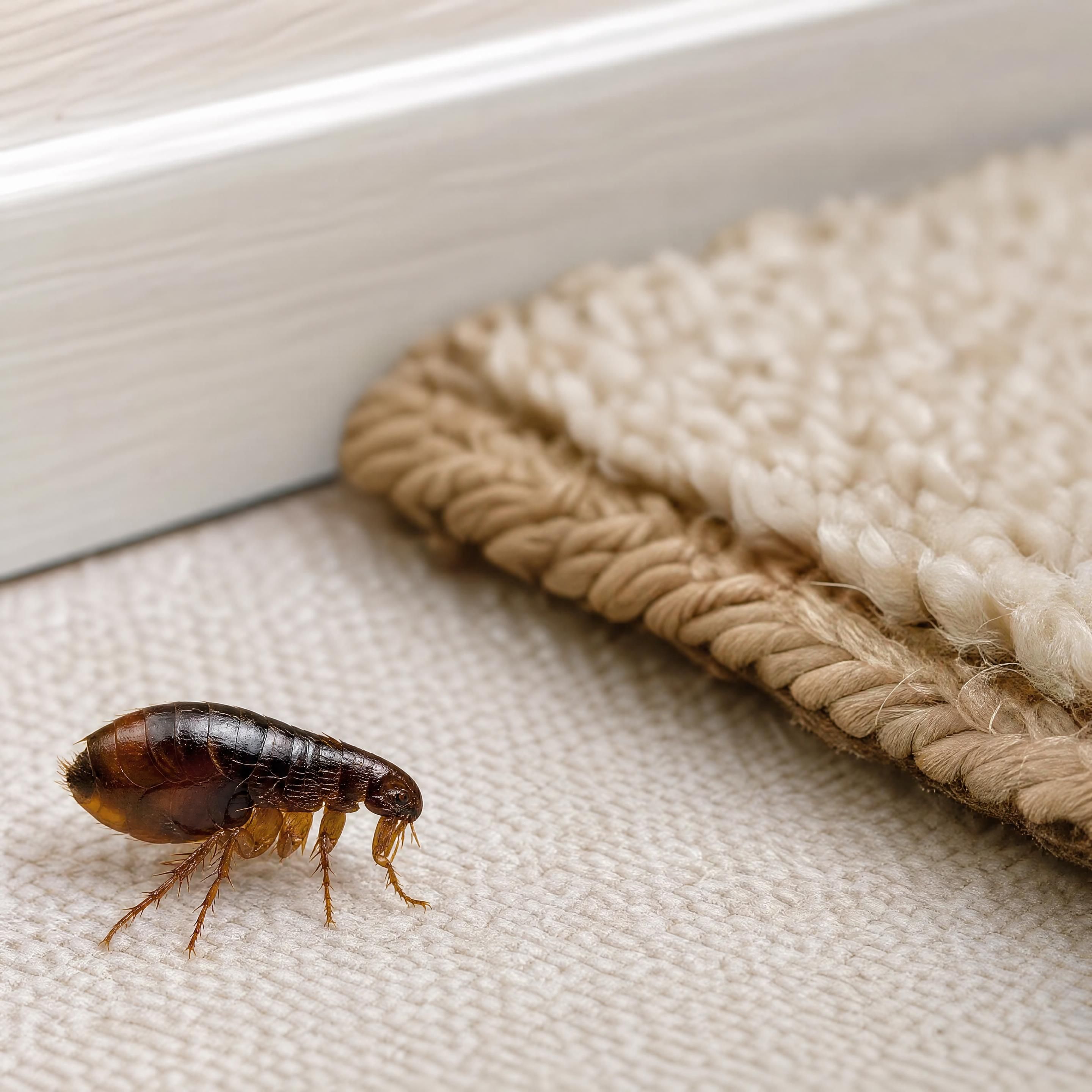 Gros plan réaliste d’une puce adulte sur un textile près d’un tapis et d’une plinthe, macrophotographie clairement identifiable, sans personne, sans texte et sans autre insecte