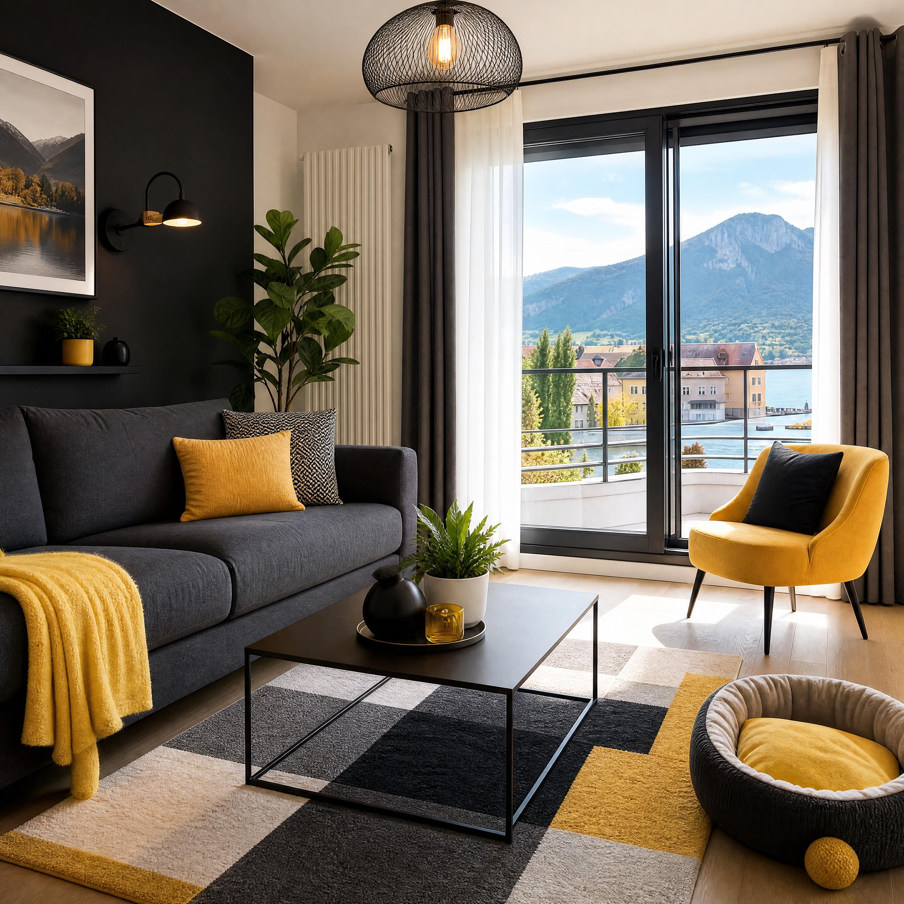 Intérieur d’un appartement à Annecy avec tapis, canapé et panier pour chien ou chat, ambiance réaliste, couleurs noir anthracite jaune et blanc, sans personne ni texte