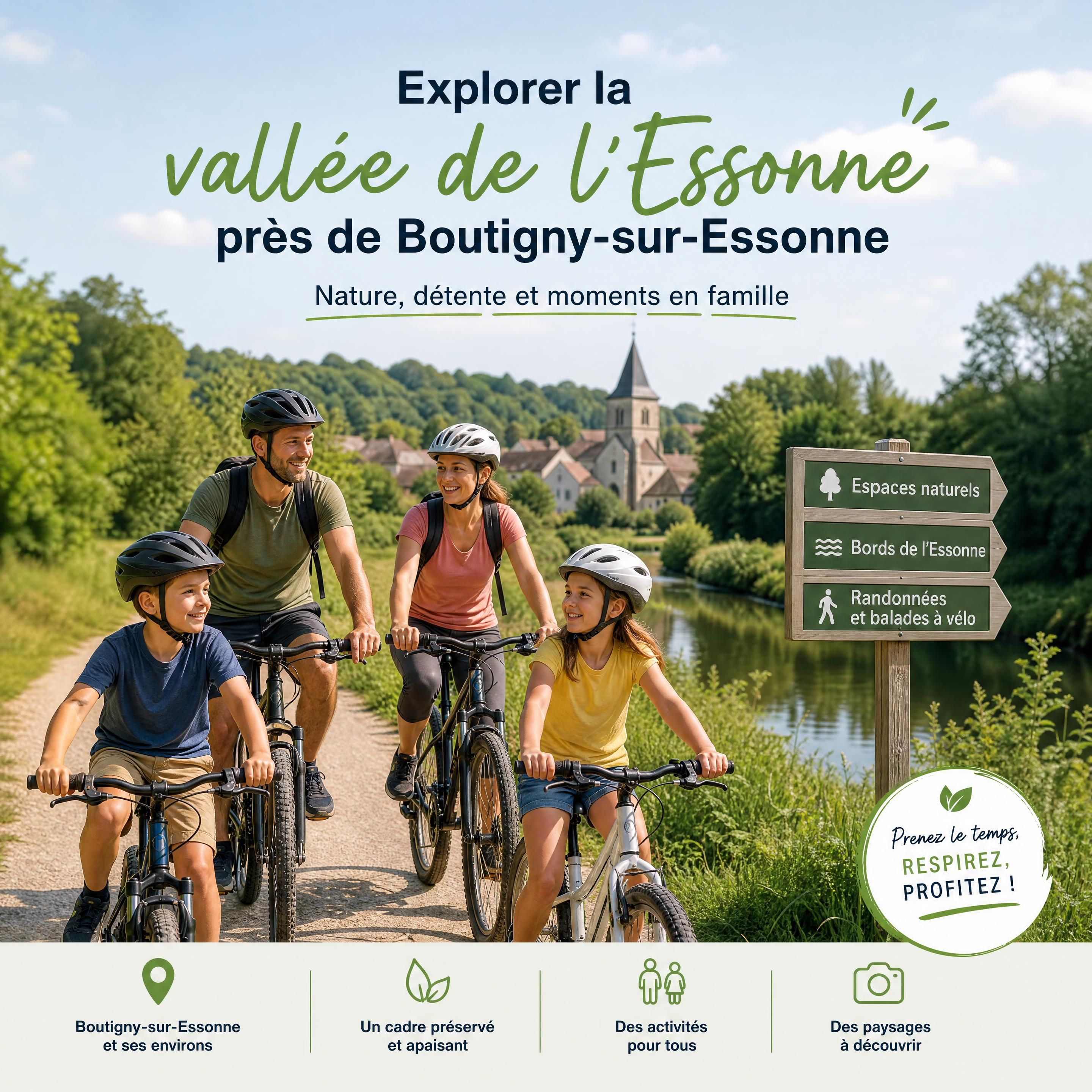 Famille faisant une promenade à vélo ou une randonnée dans la vallée de l’Essonne près de Boutigny-sur-Essonne