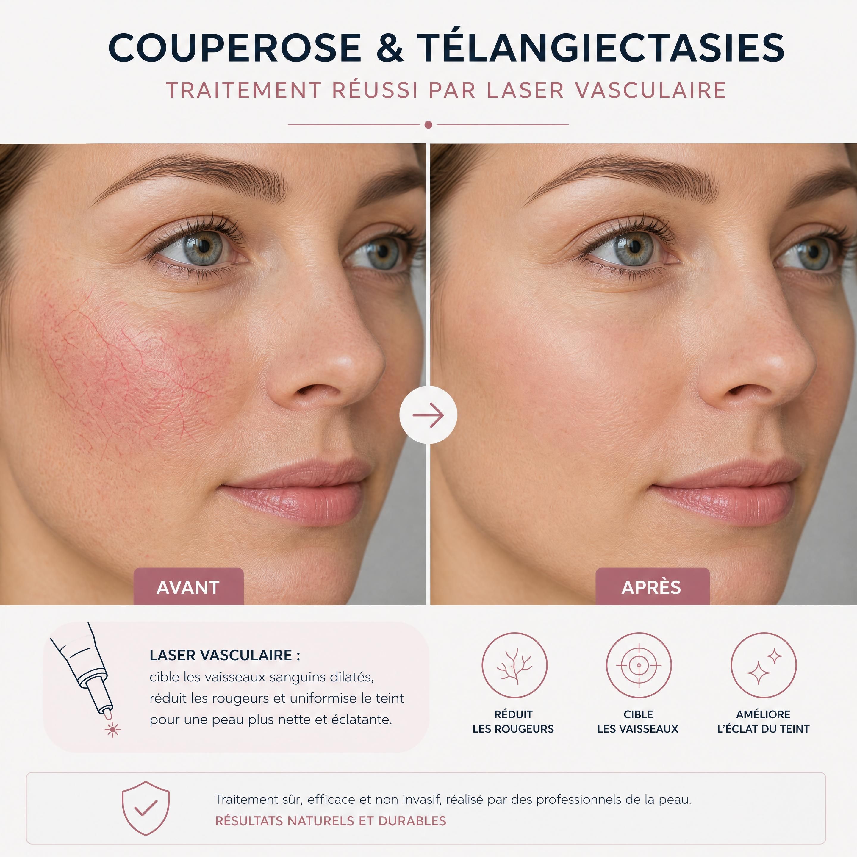 Avant-après d'un traitement réussi de la couperose et des télangiectasies par laser vasculaire