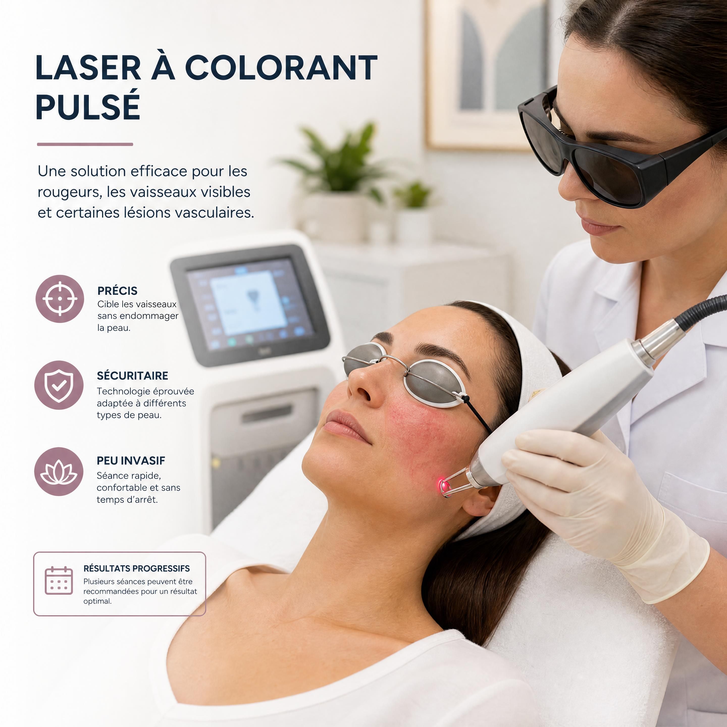 Patient portant des lunettes de protection pendant une séance de laser à colorant pulsé