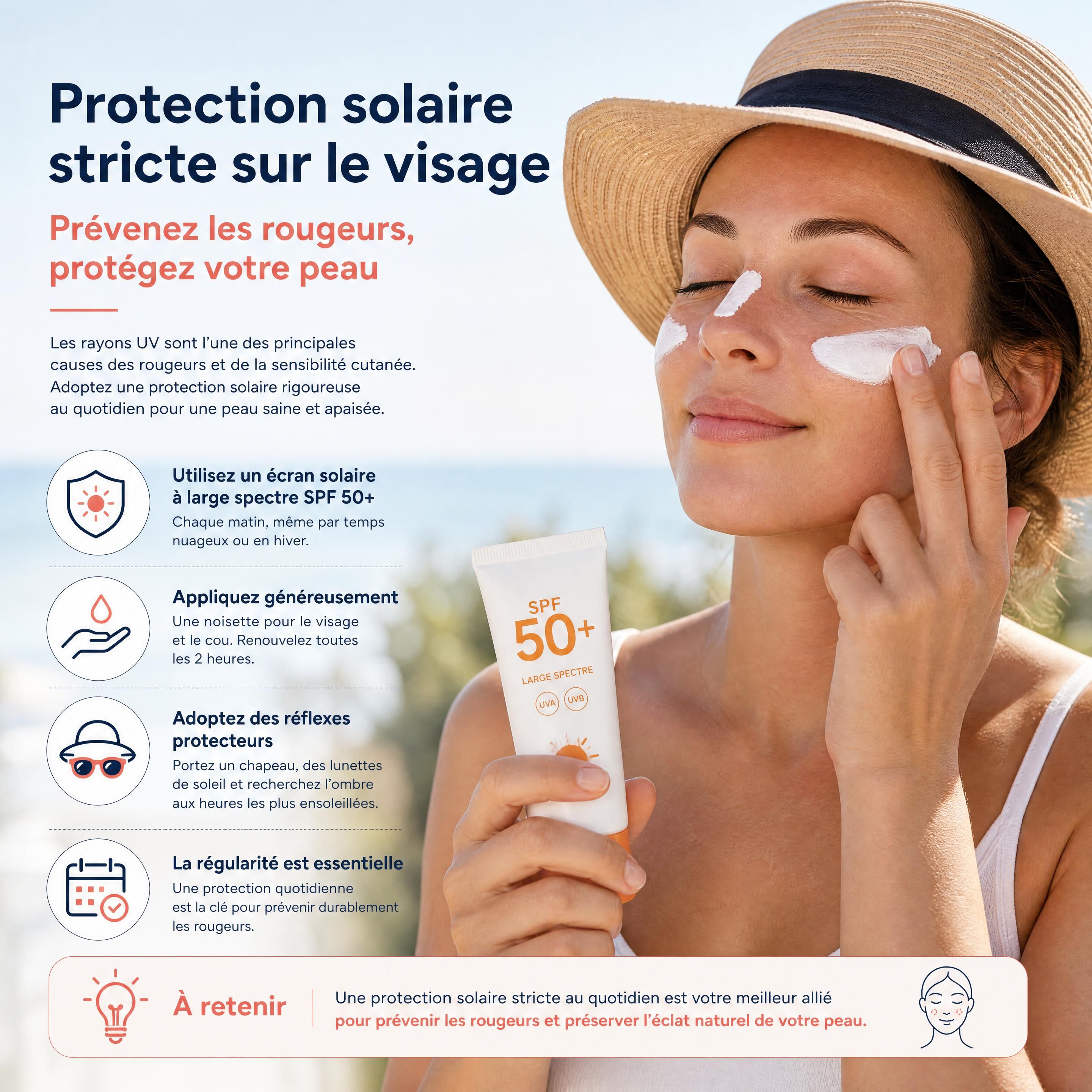 Application d'une protection solaire stricte sur le visage pour prévenir les rougeurs