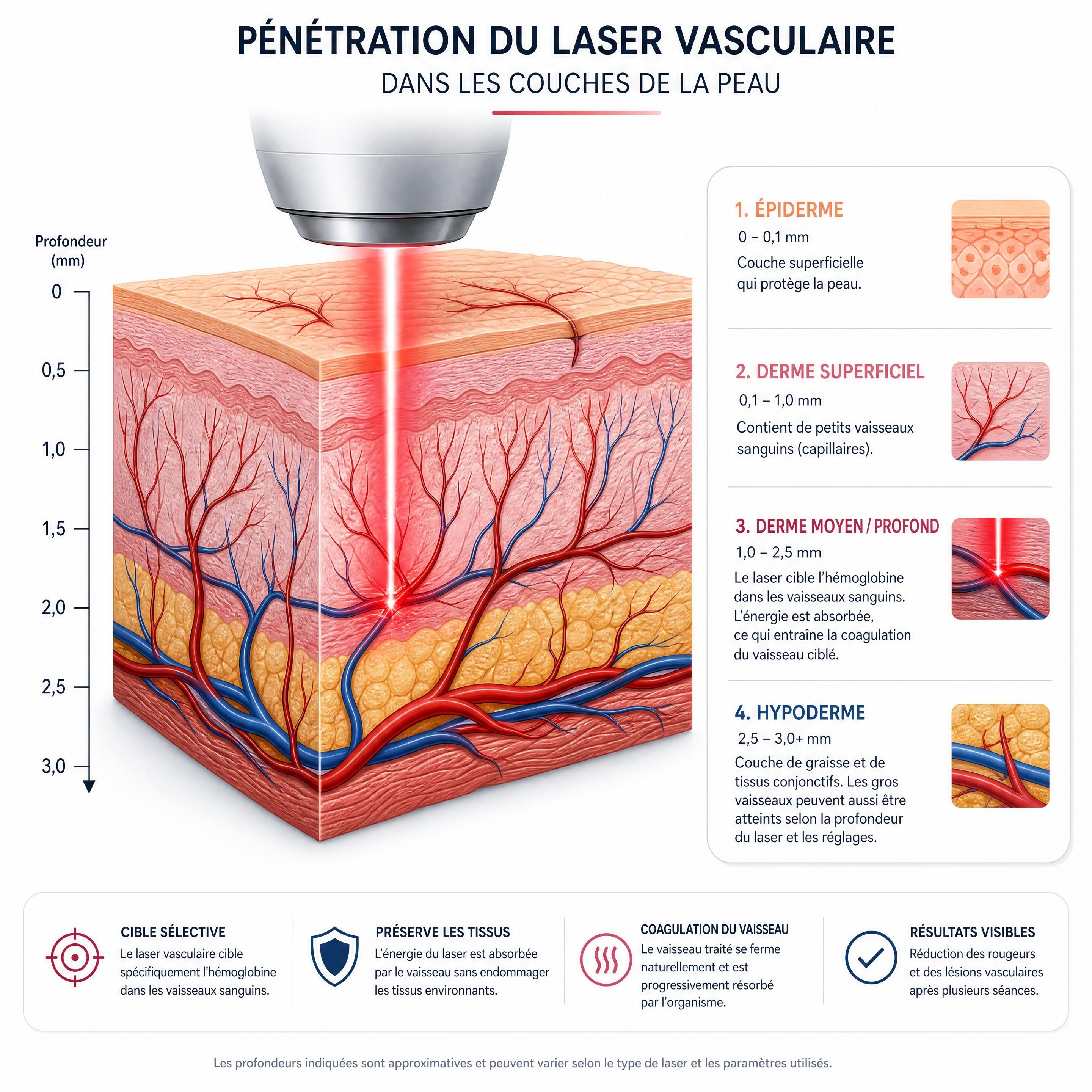 Illustration scientifique montrant la pénétration du laser vasculaire dans les couches de la peau