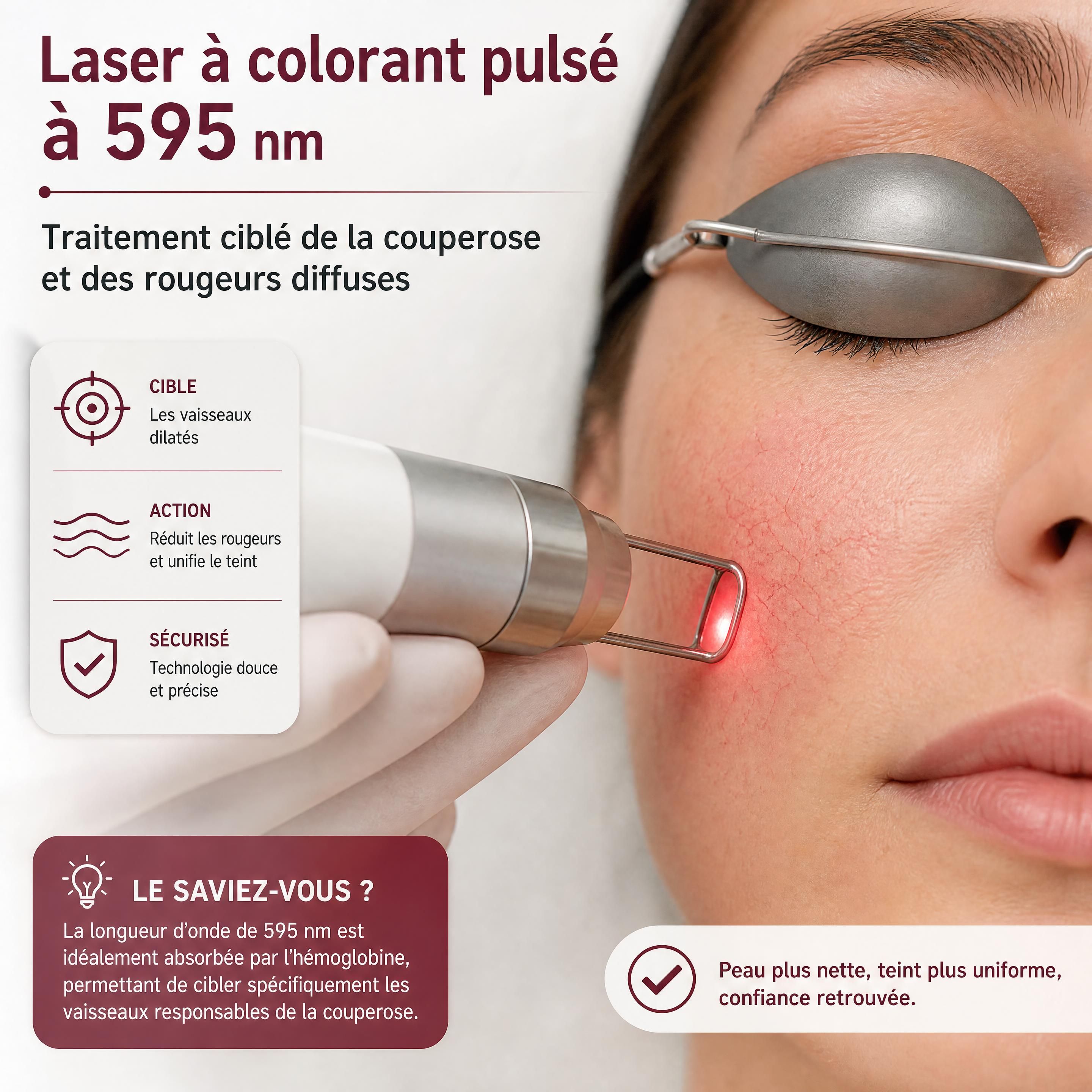 Gros plan sur l'application du laser à colorant pulsé à 595 nm sur la couperose du visage
