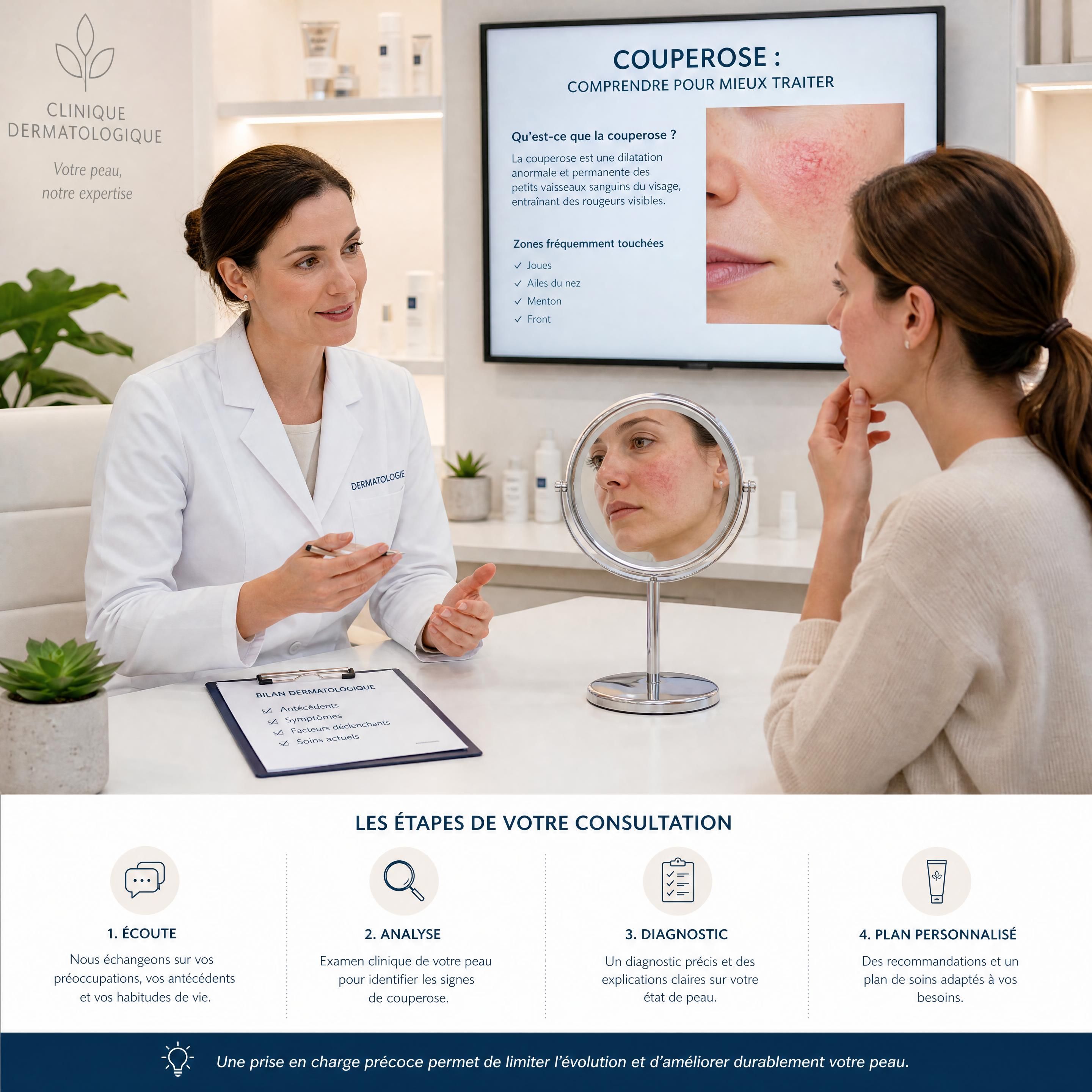 Consultation initiale dans une clinique dermatologique pour un diagnostic de couperose