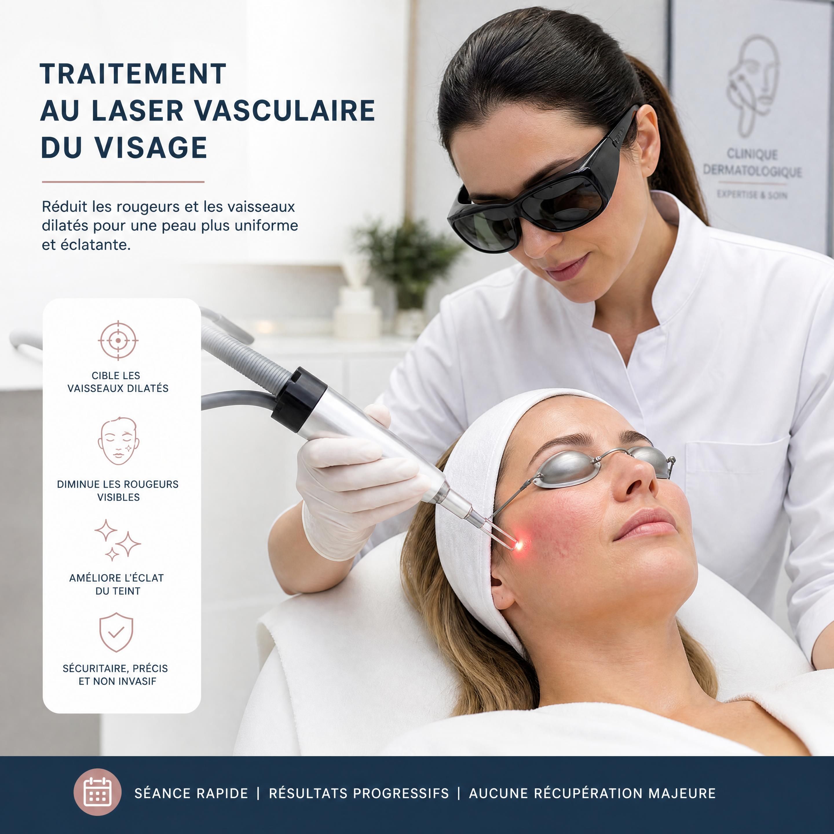 Séance de traitement au laser vasculaire sur le visage d'une patiente en clinique dermatologique