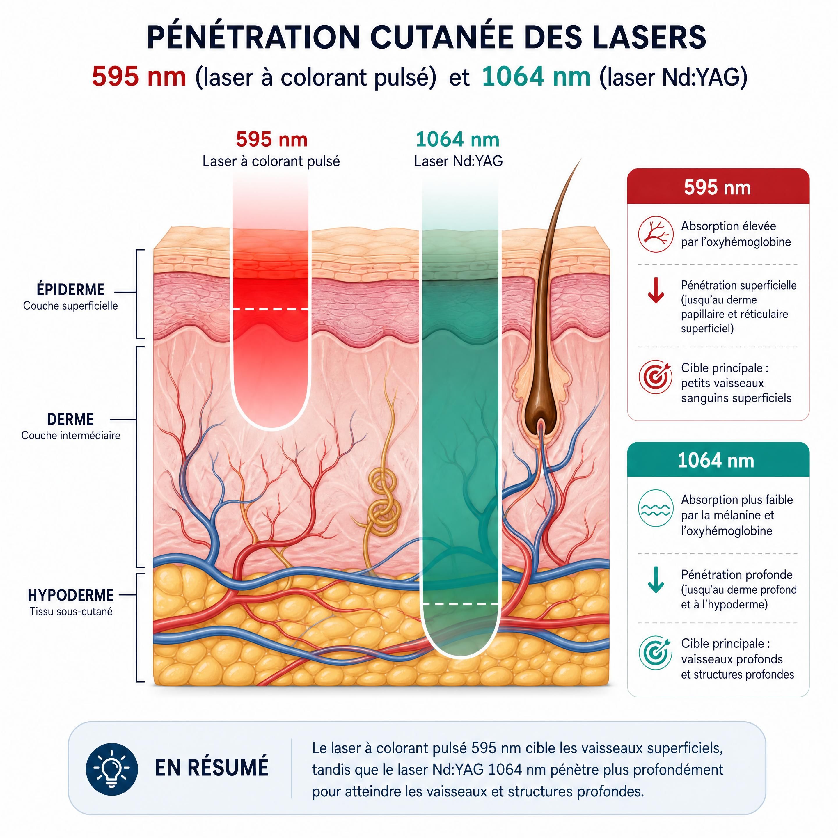 Schéma médical montrant la pénétration cutanée des longueurs d'onde 595 nm du laser à colorant pulsé et 1064 nm du laser Nd:YAG