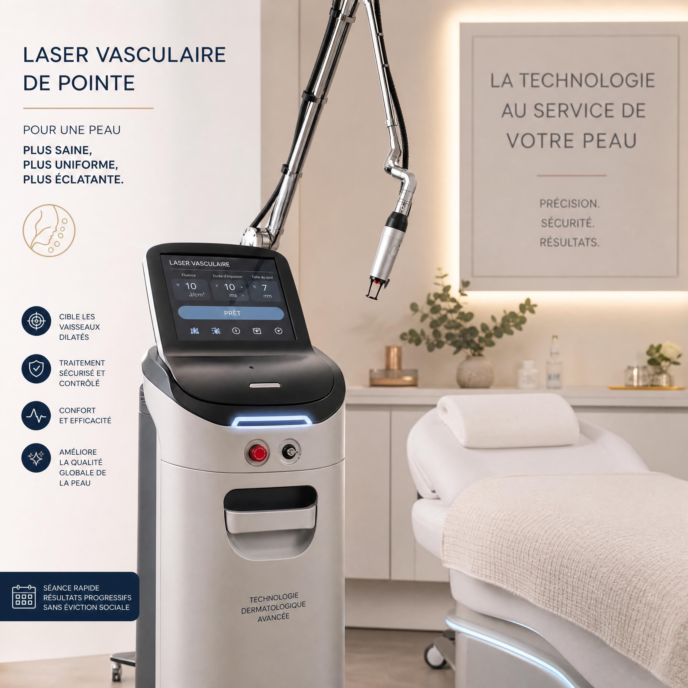 Un laser vasculaire de pointe dans une clinique dermatologique moderne, prêt pour une séance d'optimisation cutanée