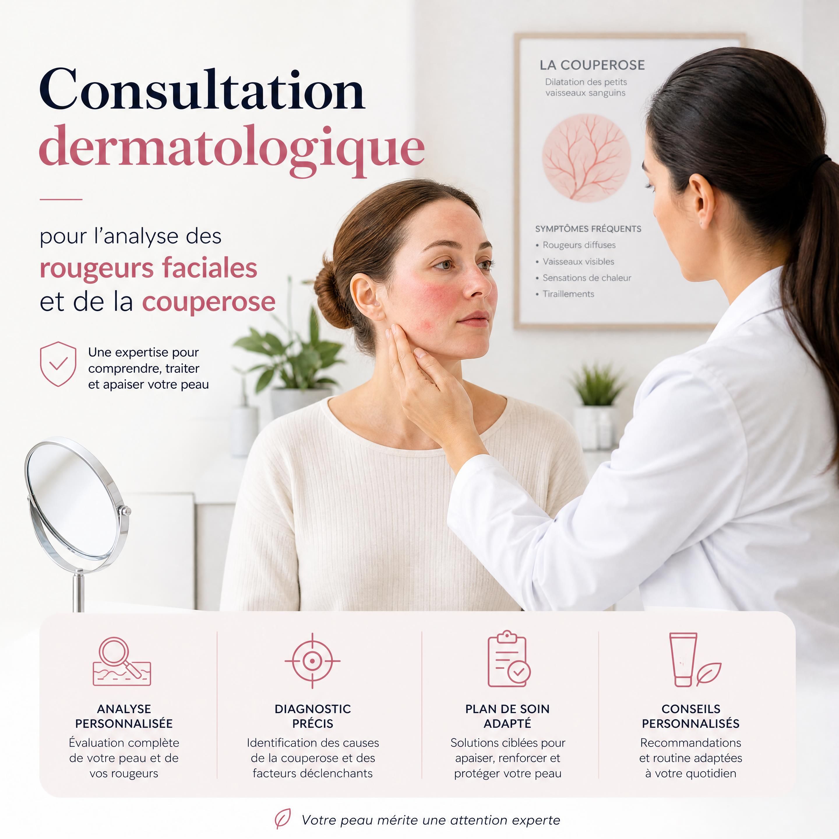 Consultation dermatologique pour l'analyse des rougeurs faciales et de la couperose