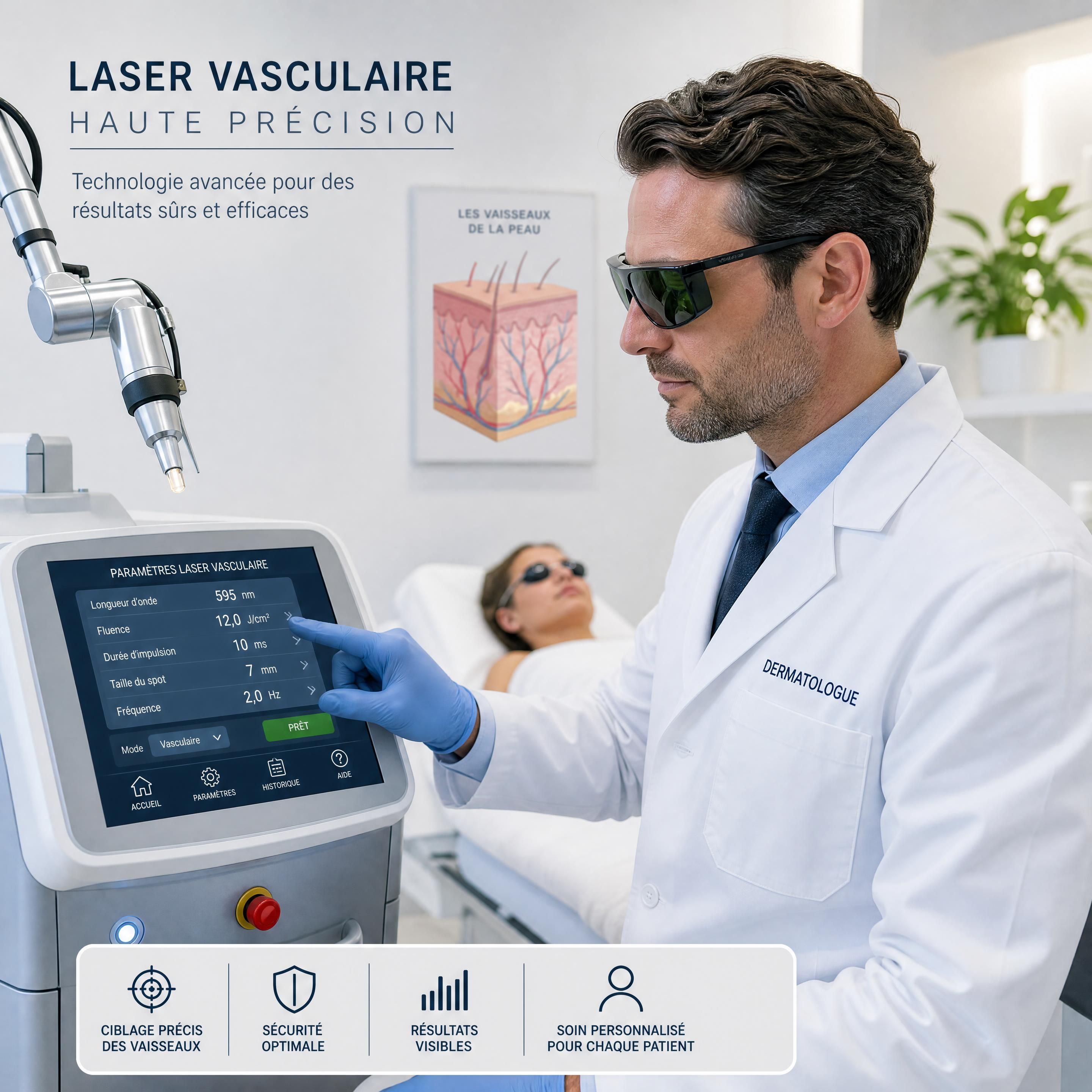 Médecin dermatologue réglant les paramètres d'un laser vasculaire de haute précision