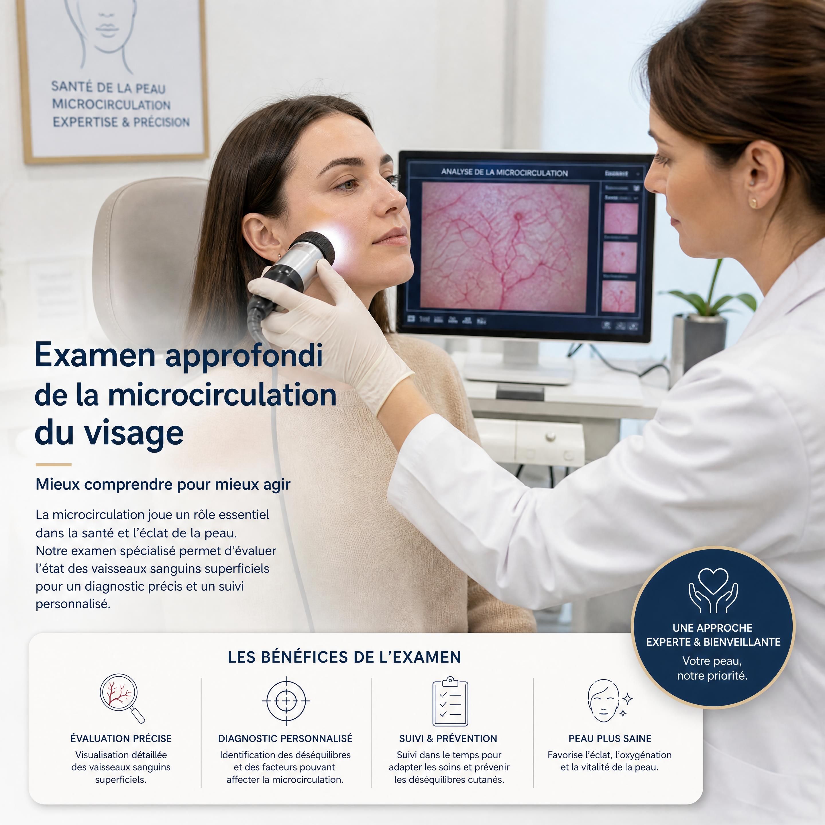 Un patient en consultation dermatologique spécialisée, bénéficiant d'un examen approfondi de la microcirculation de son visage
