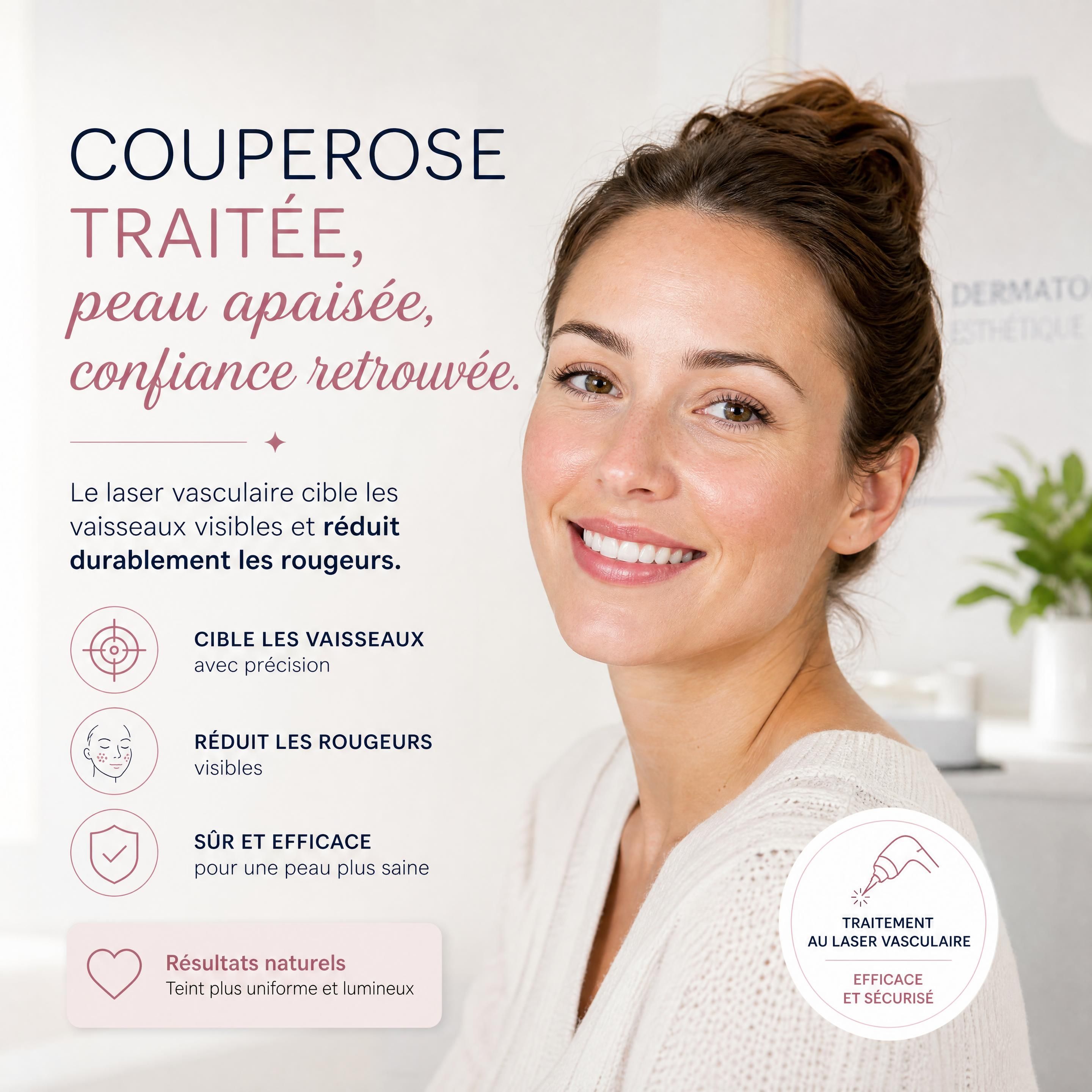 Patiente souriante après un traitement réussi de la couperose au laser vasculaire
