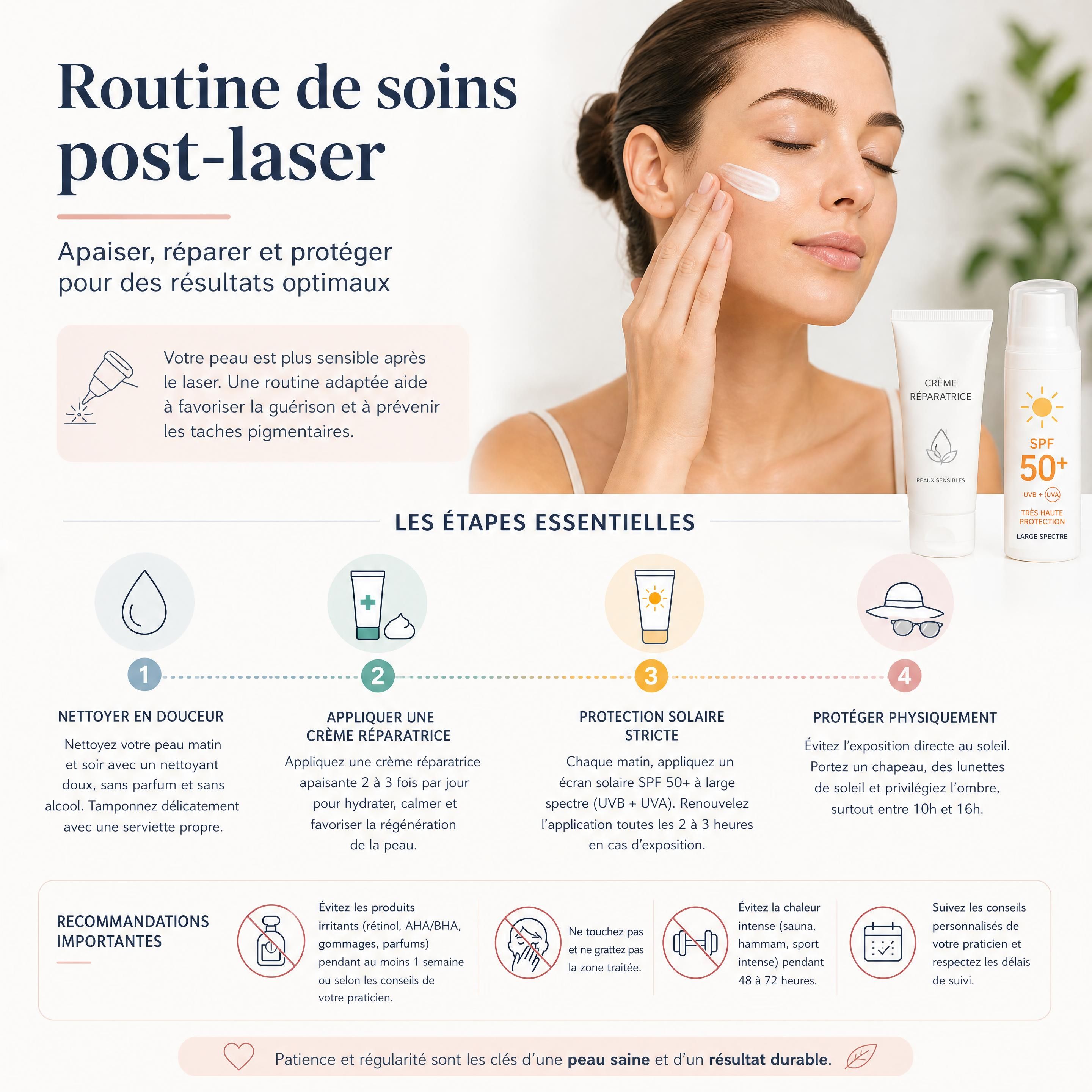 Routine de soins post-laser incluant l'application d'une crème réparatrice et d'une protection solaire stricte