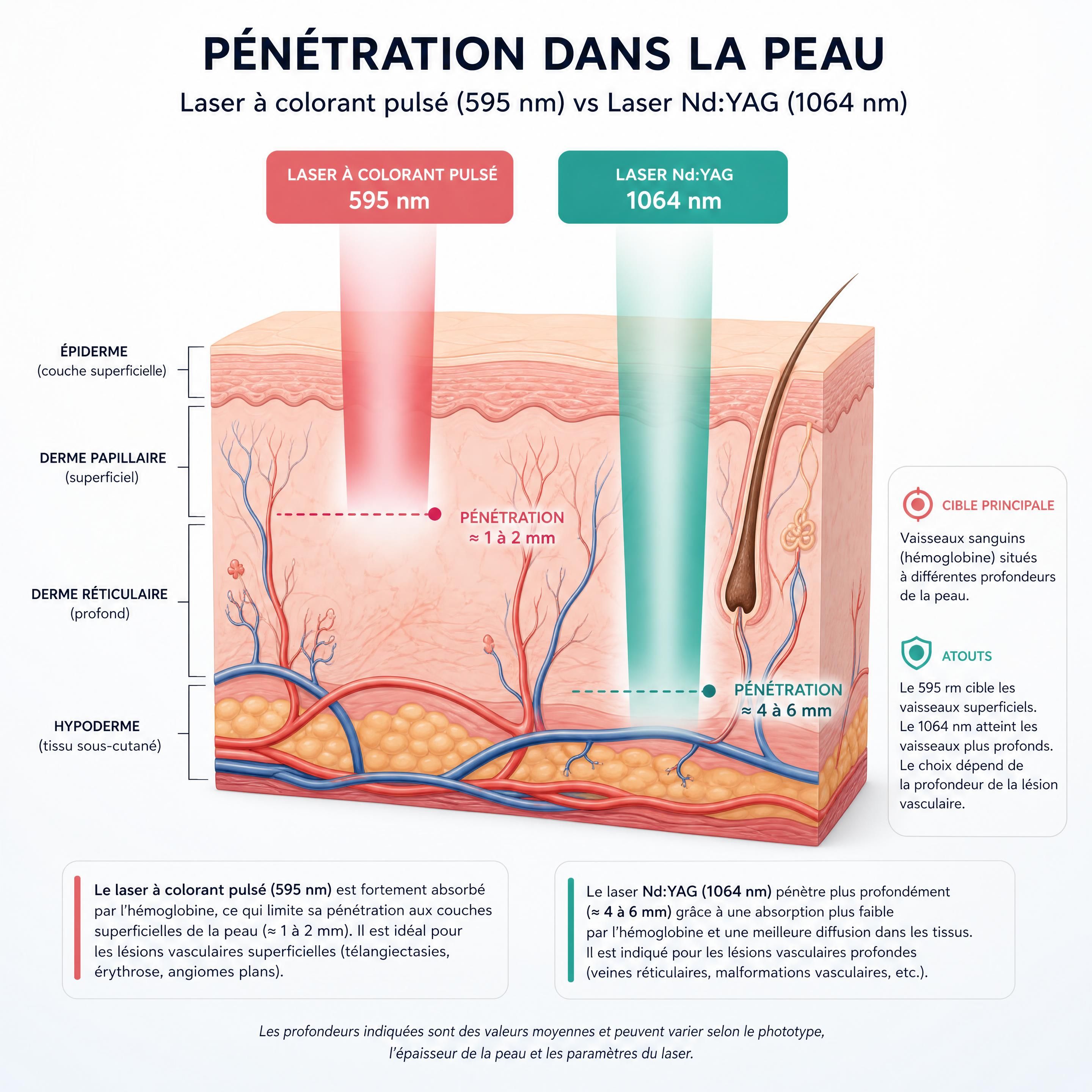 Schéma de pénétration dans la peau des longueurs d'onde du laser à colorant pulsé (595 nm) et du laser Nd:YAG (1064 nm)