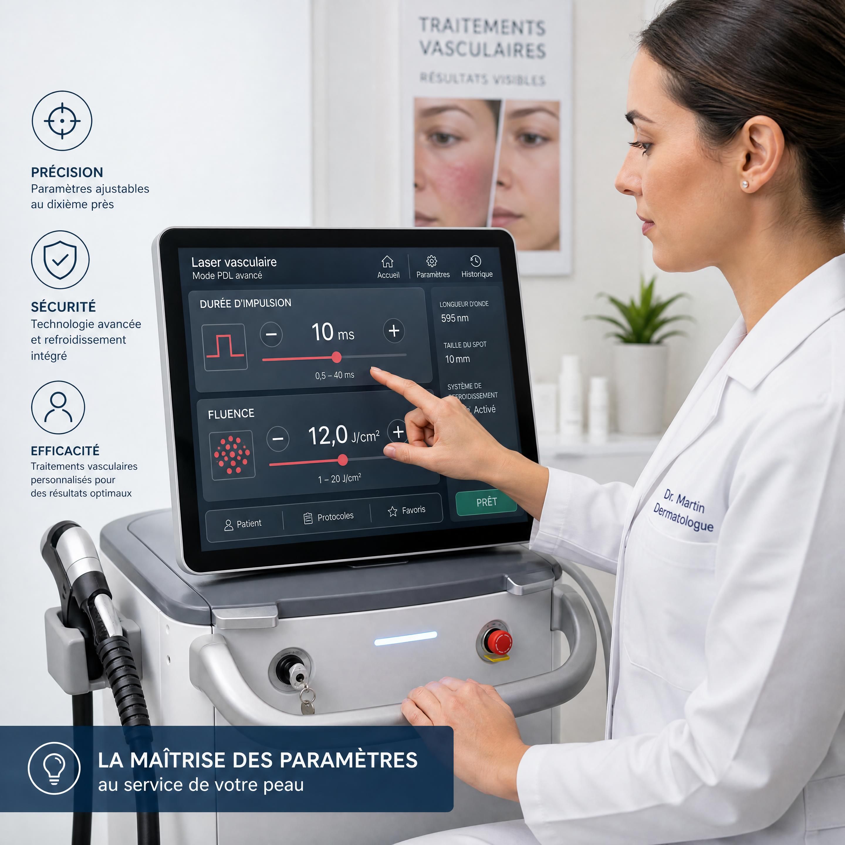 Un dermatologue ajustant avec précision les paramètres de durée d'impulsion et de fluence sur l'interface d'un laser vasculaire de dernière génération