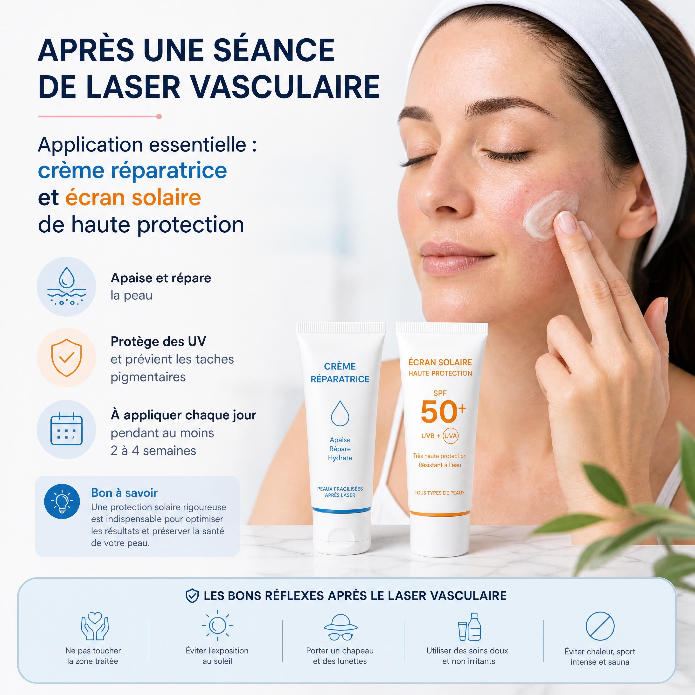 Application d'une crème réparatrice et d'un écran solaire de haute protection après une séance de laser vasculaire