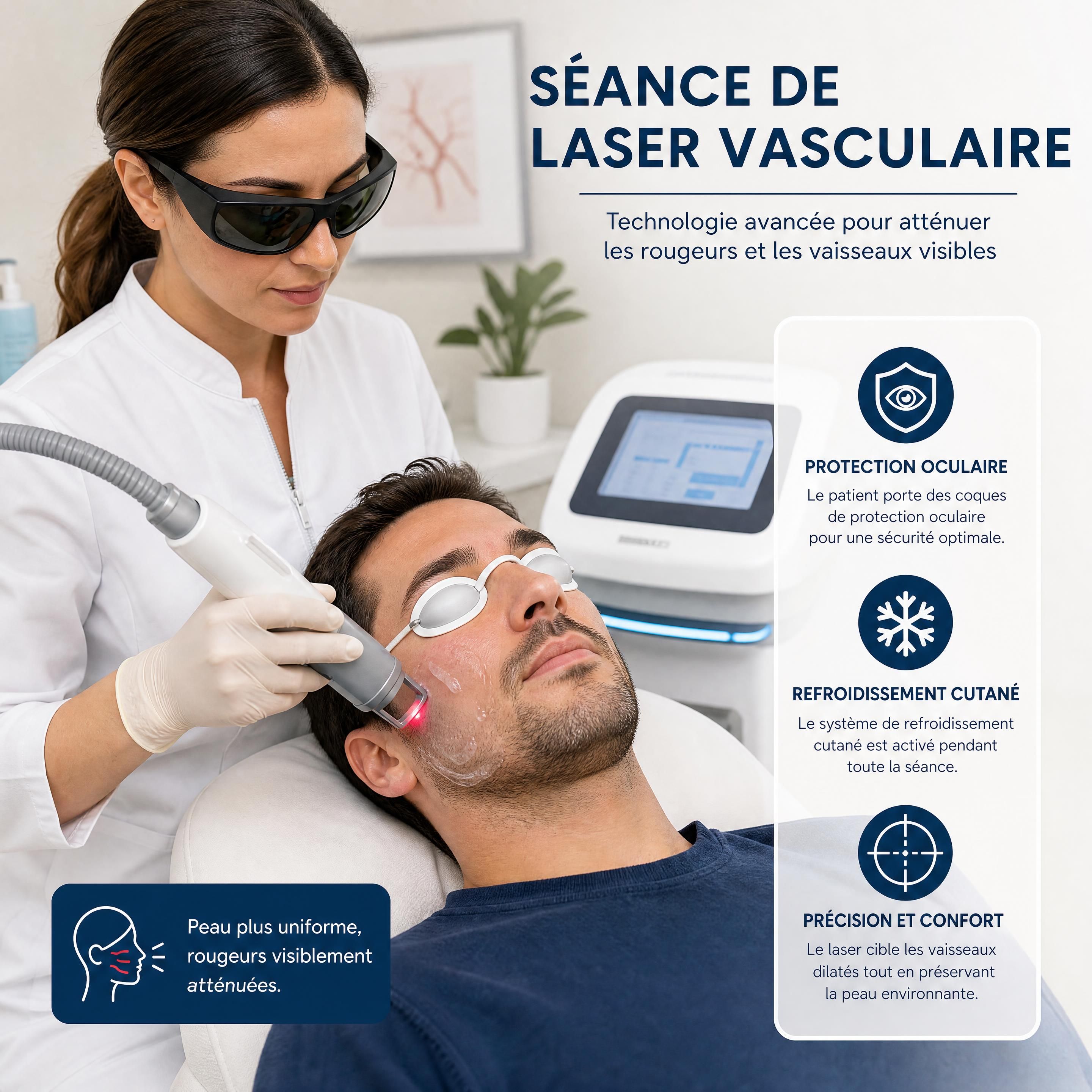Séance de laser vasculaire en cours : le patient porte des coques de protection oculaire tandis que le système de refroidissement cutané est activé