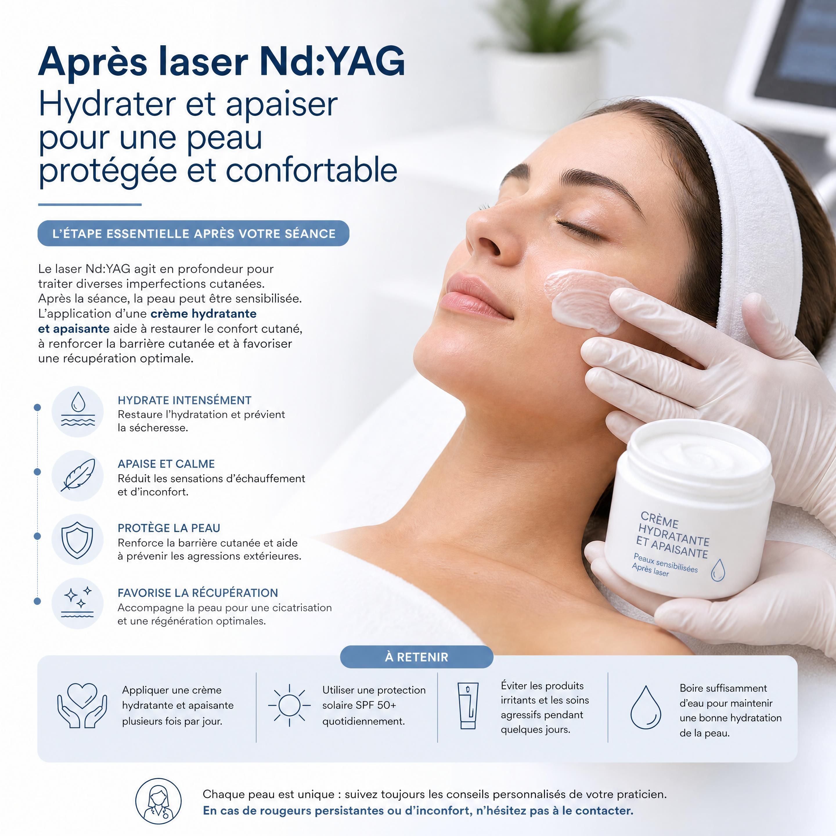 Application d'une crème hydratante et apaisante après une séance de laser Nd:YAG