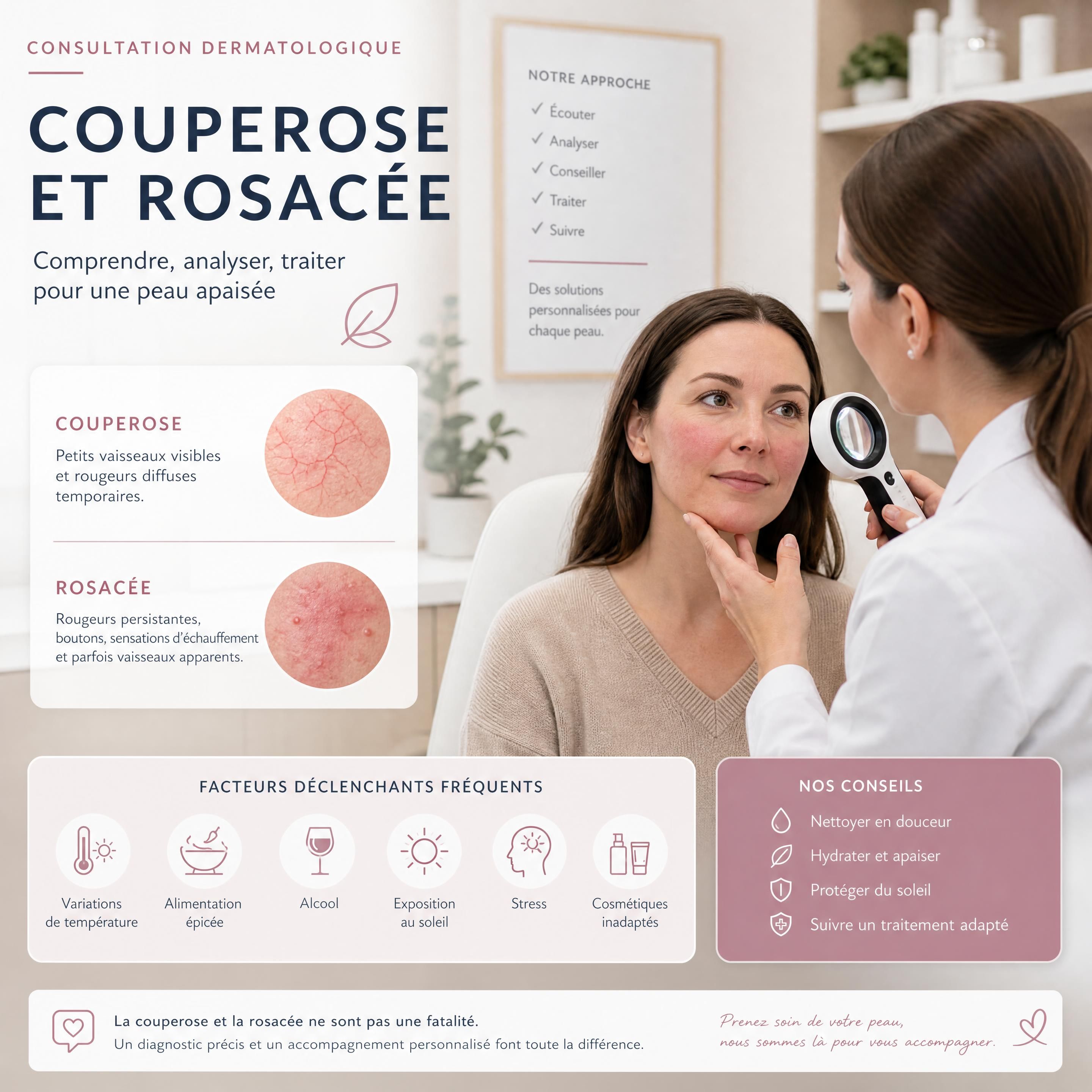 Consultation médicale dans une clinique dermatologique pour analyser la couperose et la rosacée