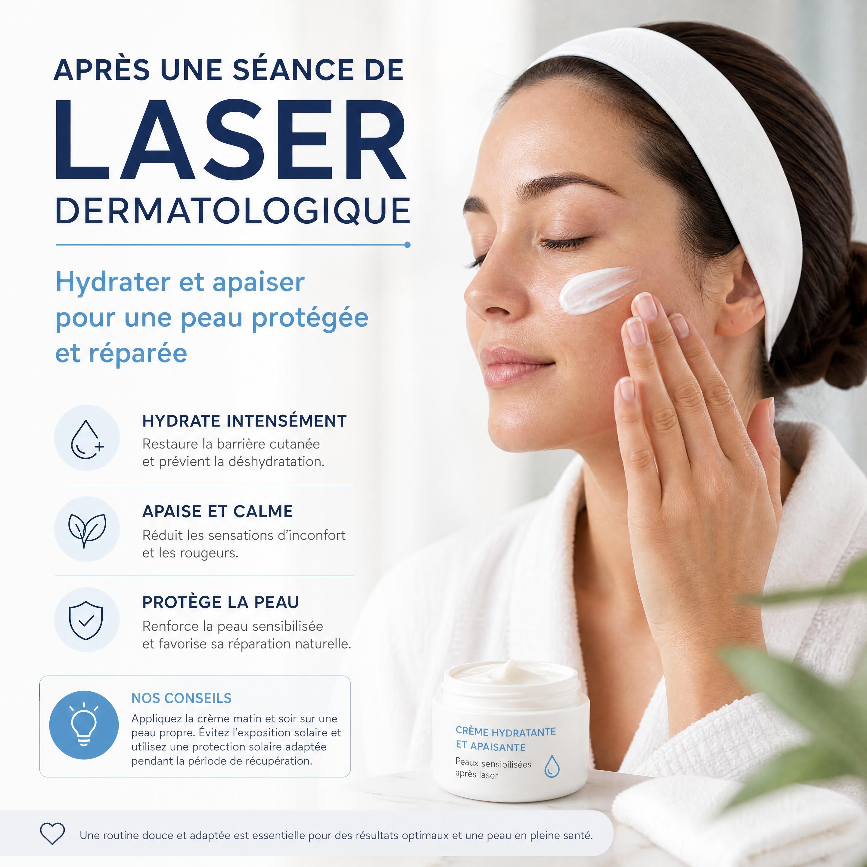 Application d'une crème hydratante et apaisante après une séance de laser dermatologique