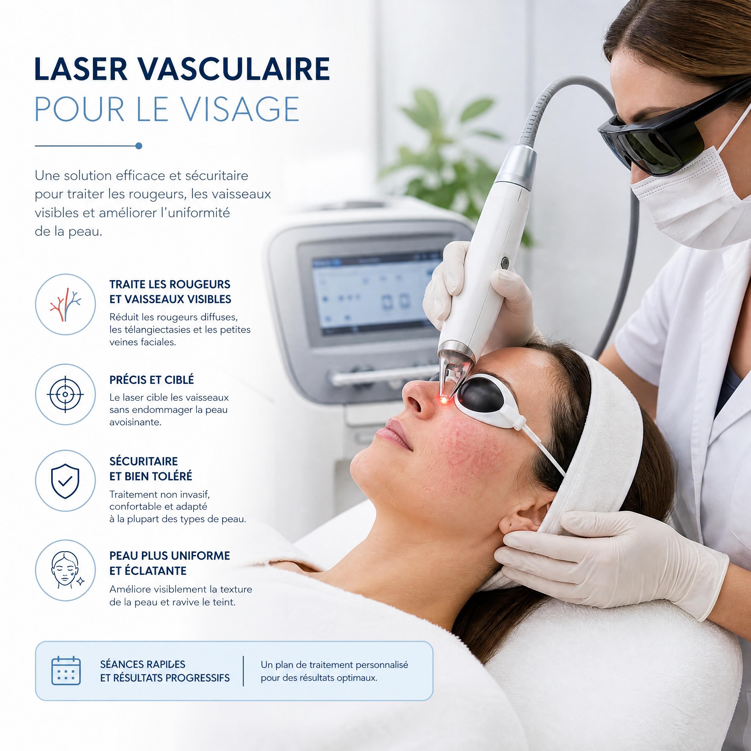Patient recevant un traitement de laser vasculaire sur le visage avec lunettes de protection