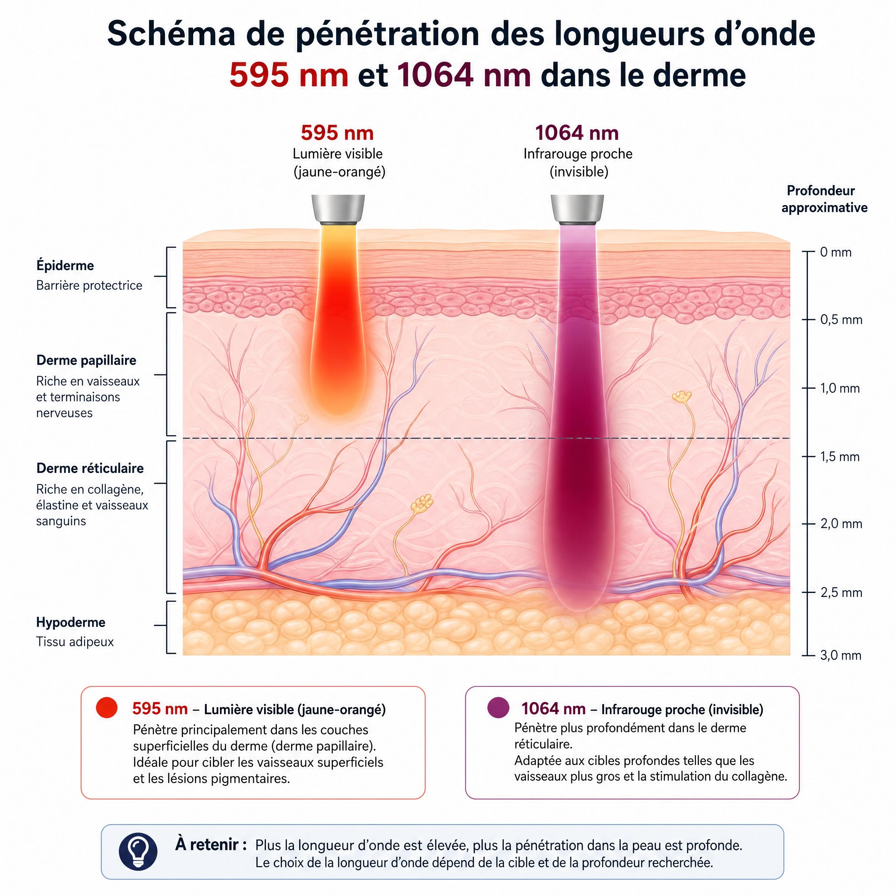 Schéma de pénétration des longueurs d'onde 595 nm et 1064 nm dans le derme