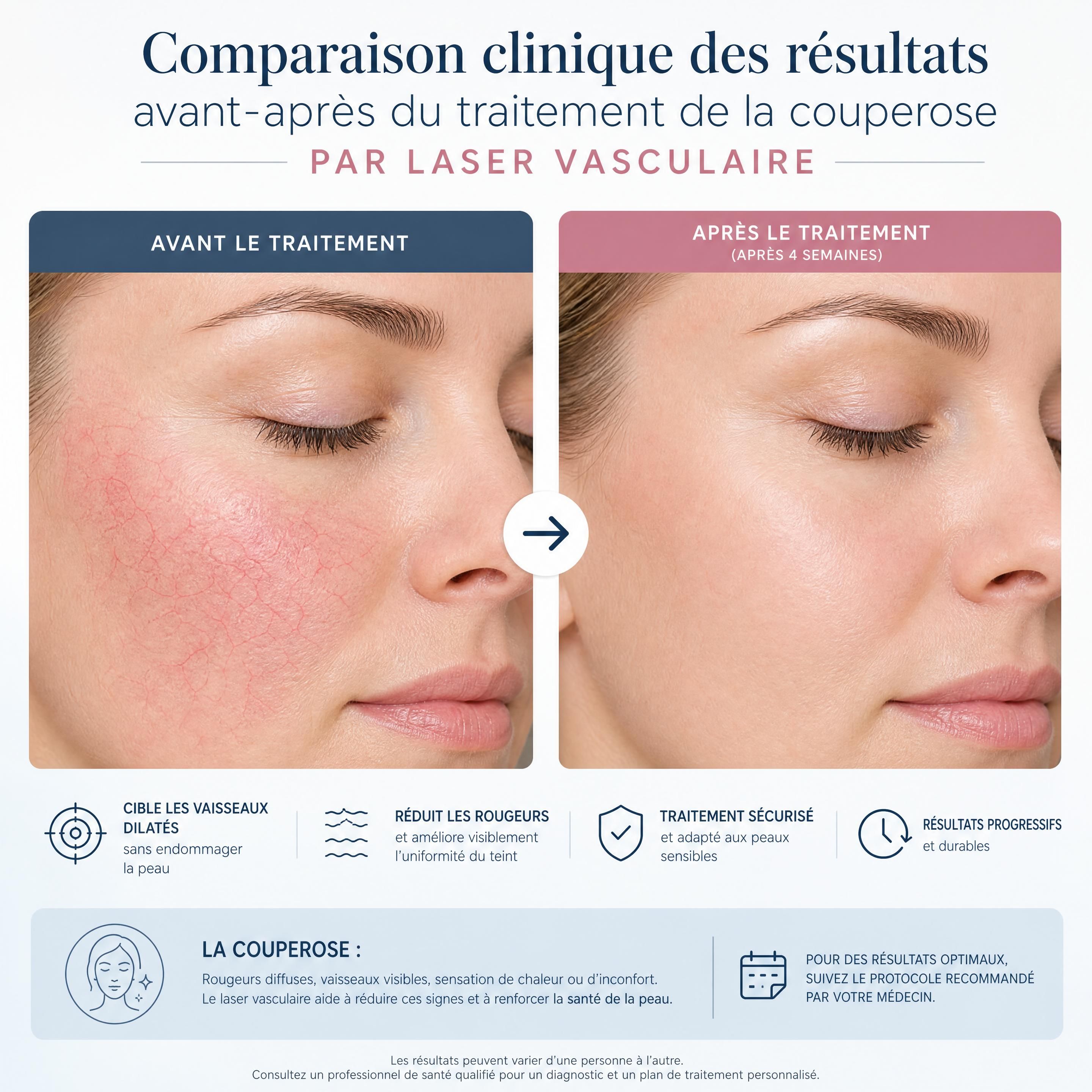 Comparaison clinique des résultats avant-après du traitement de la couperose par laser vasculaire