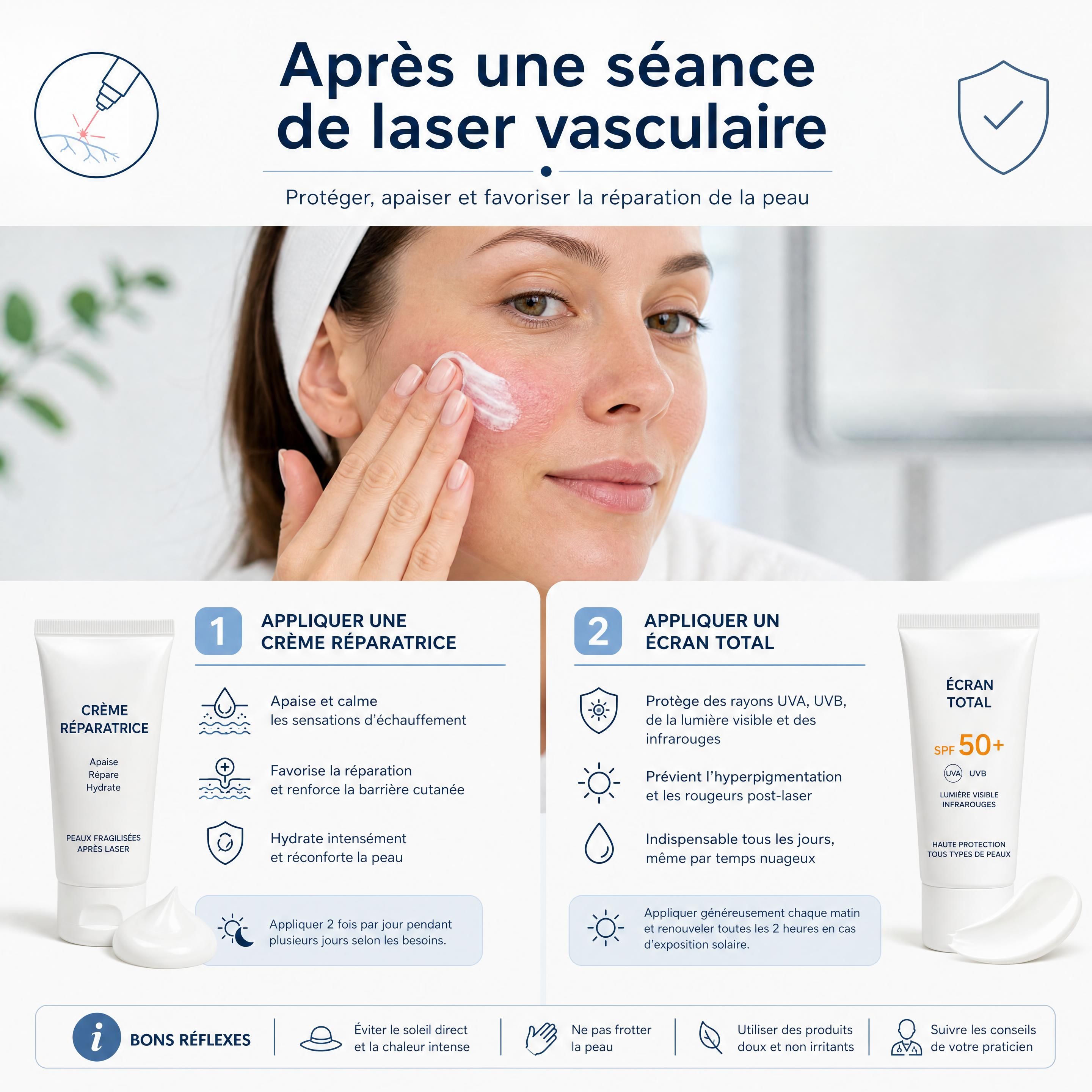 Application d'une crème réparatrice et d'un écran total après une séance de laser vasculaire