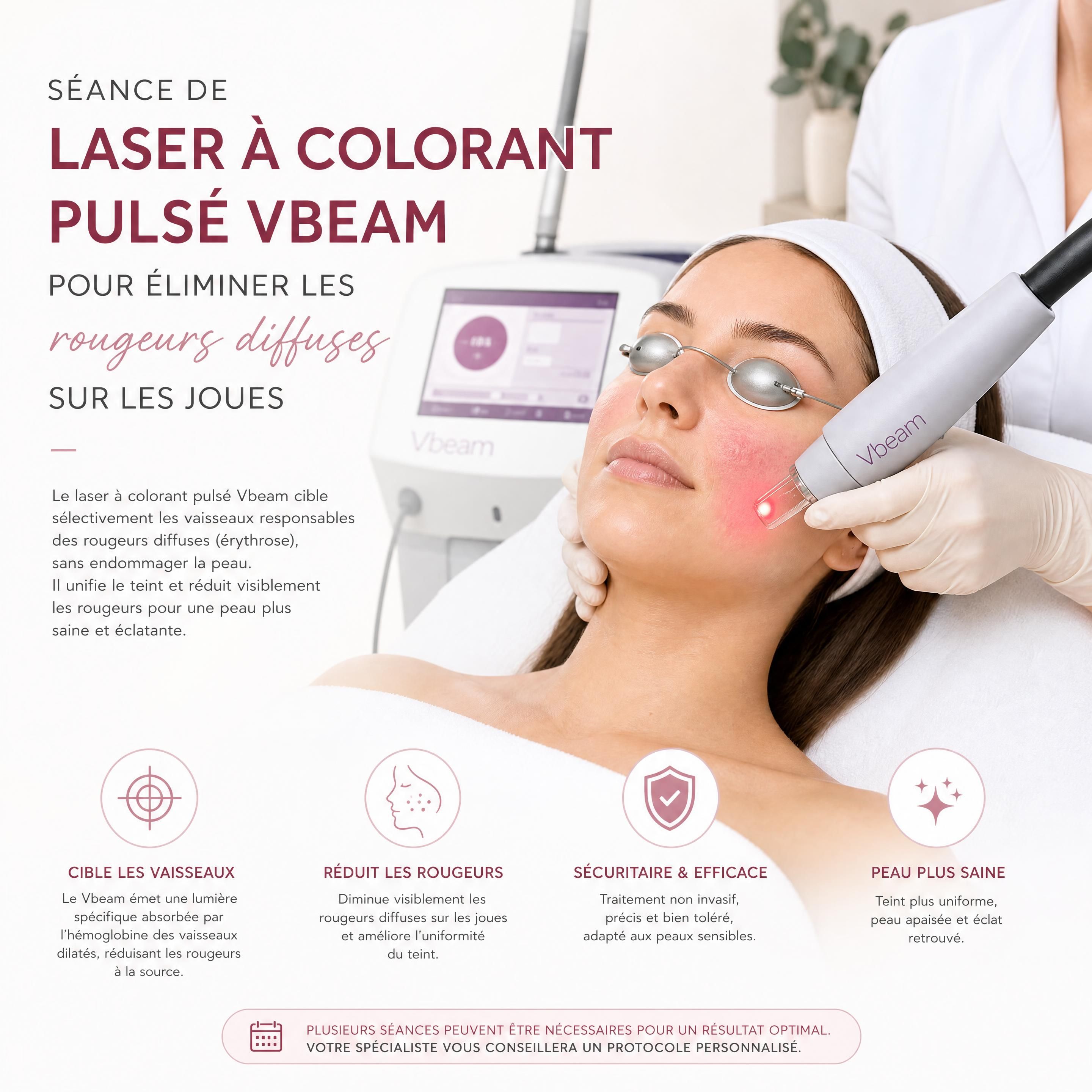 Séance de laser à colorant pulsé Vbeam pour éliminer les rougeurs diffuses sur les joues