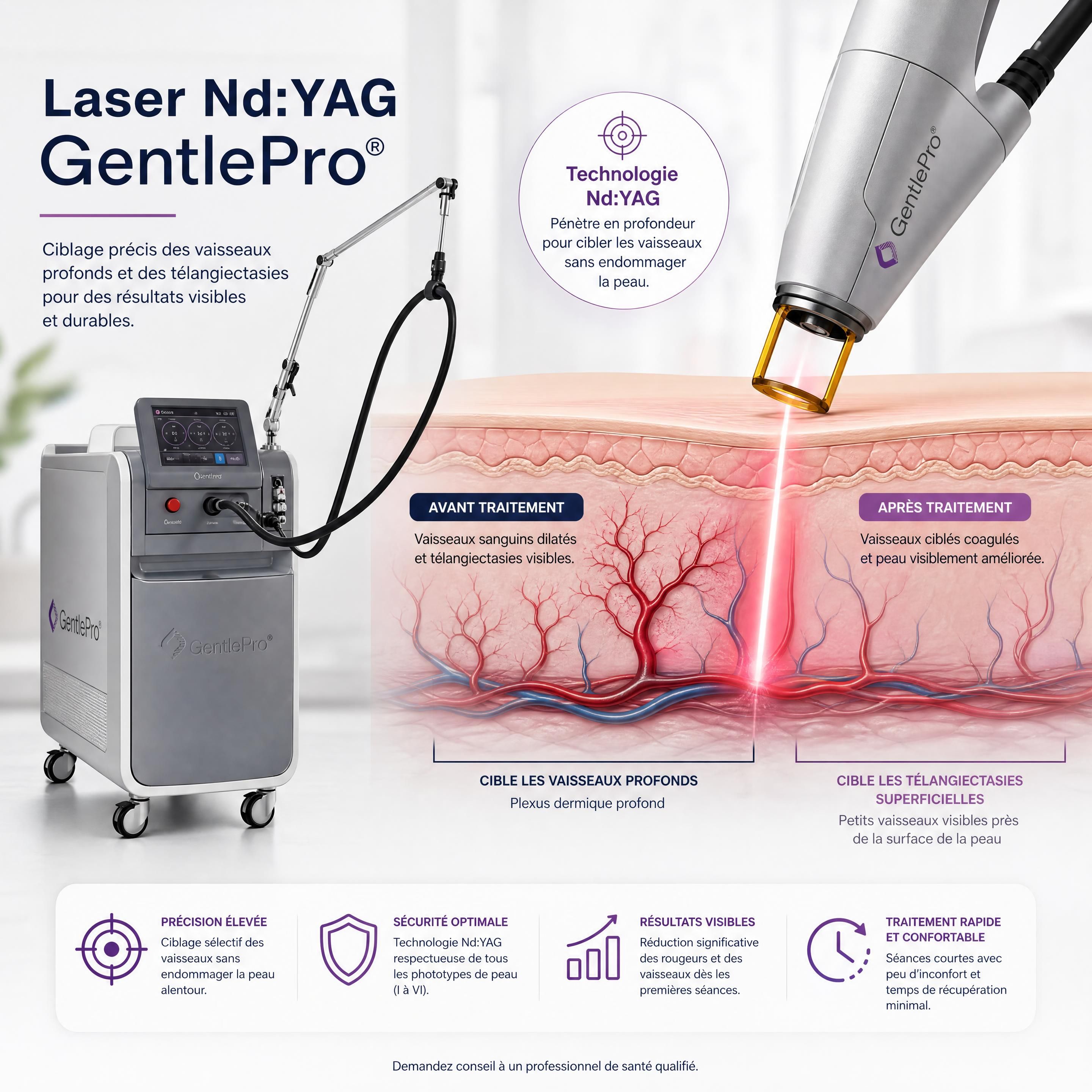 Technologie laser Nd:YAG GentlePro ciblant les vaisseaux profonds et télangiectasies
