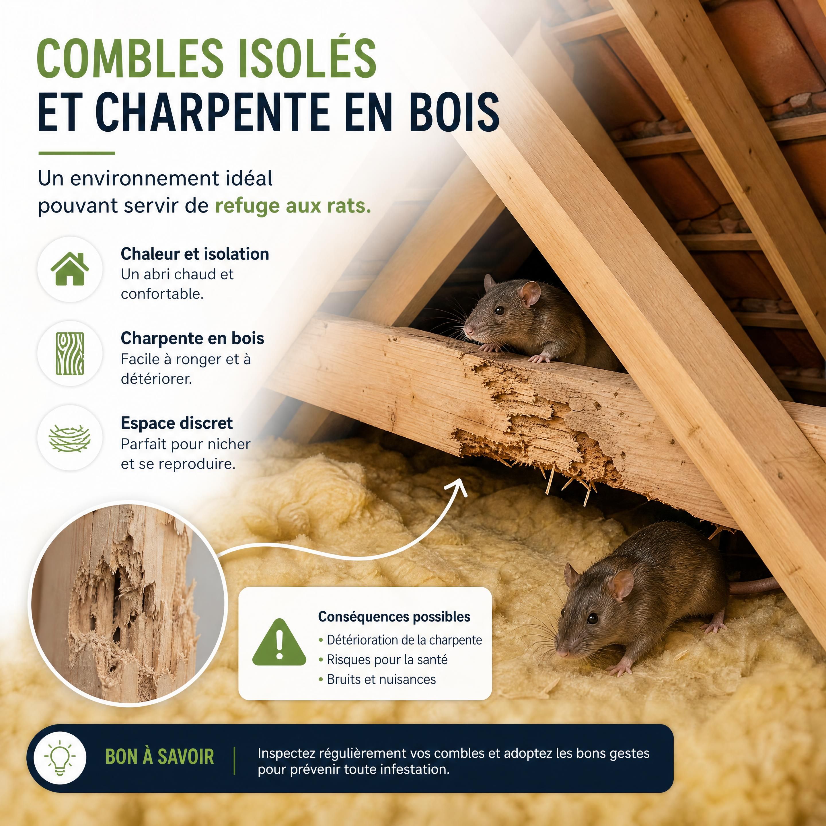 Combles isolés et charpente en bois pouvant servir de refuge aux rats