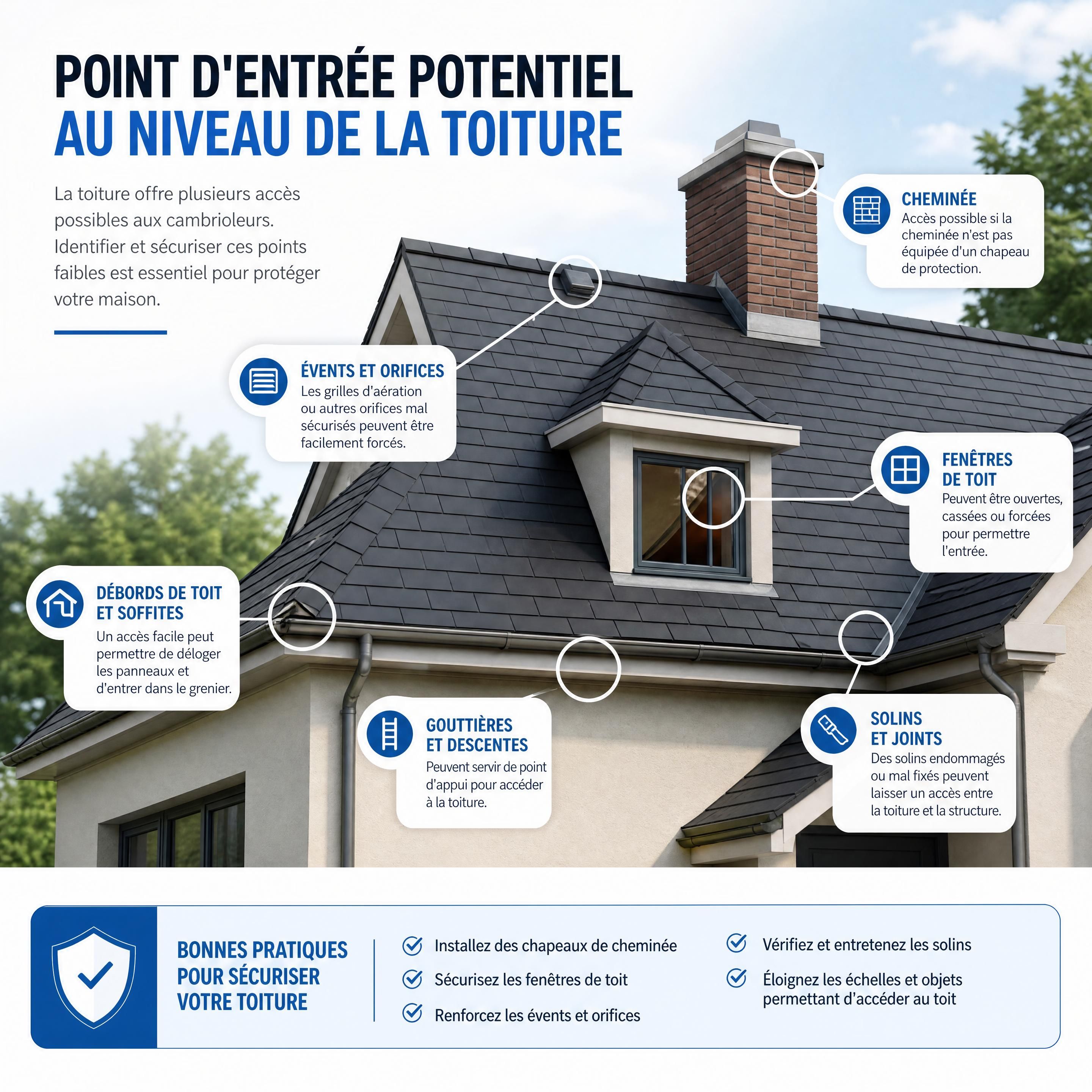 Point d'entrée potentiel au niveau de la toiture d'une maison