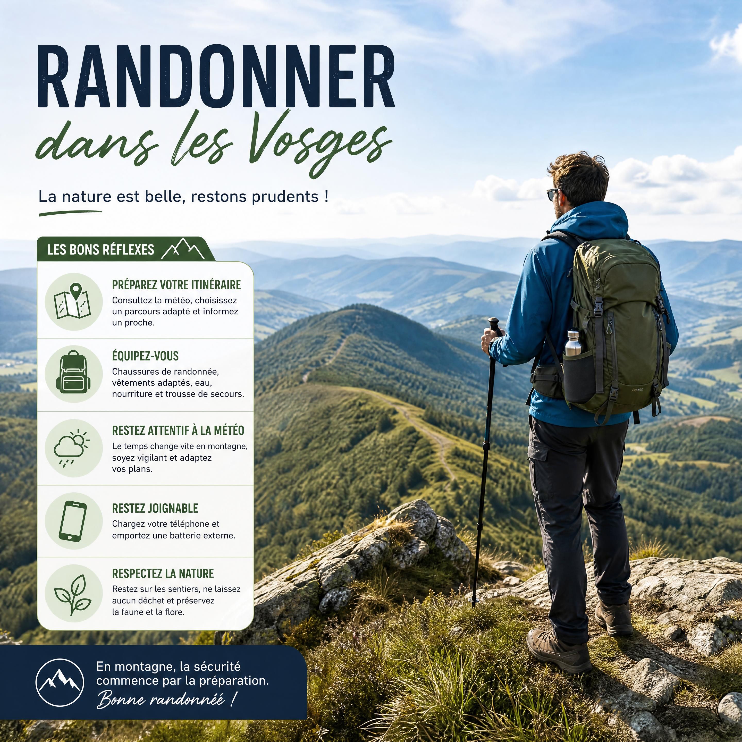 Randonneur observant le paysage sur les crêtes des Vosges avec un équipement adapté, illustrant la sécurité en montagne