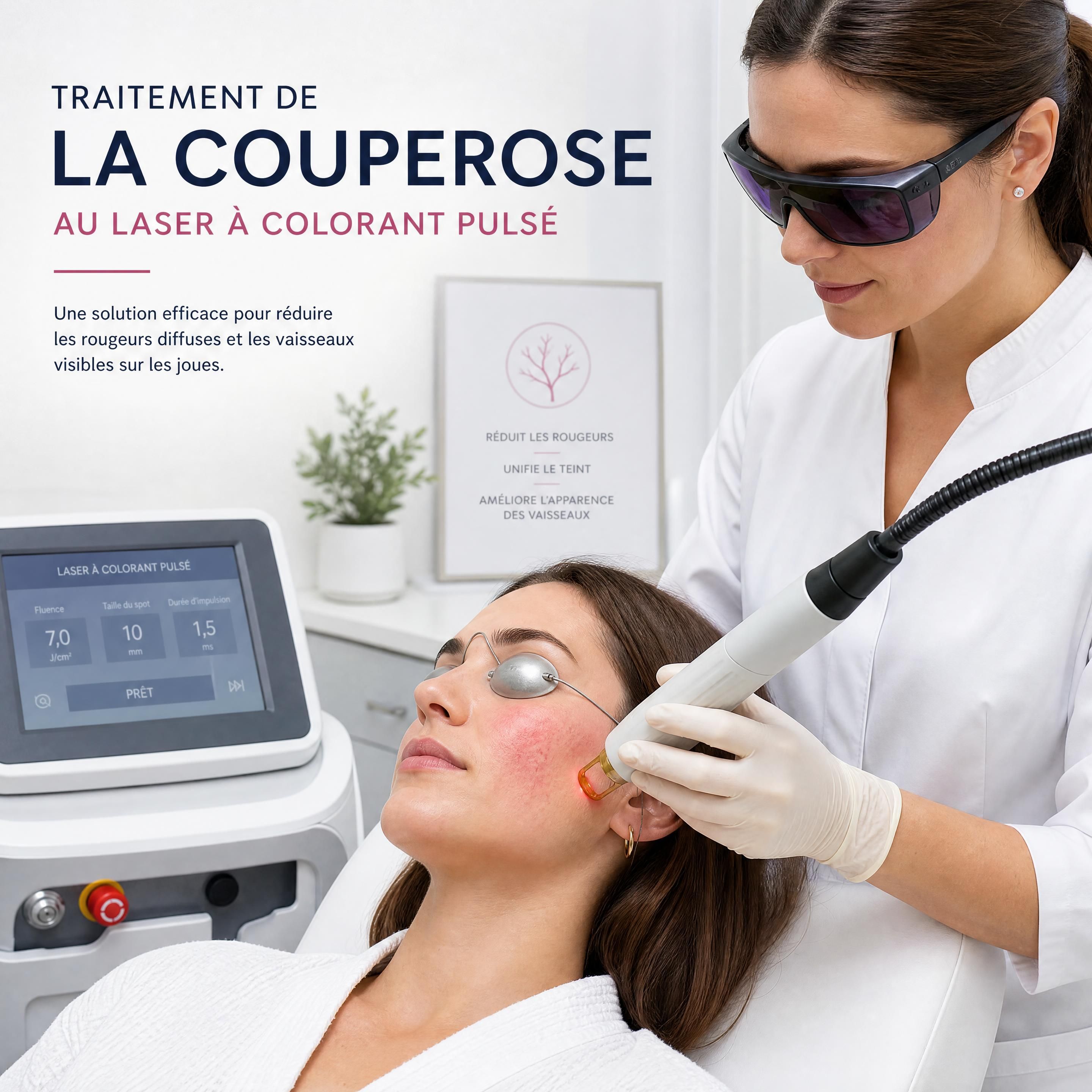 Séance de traitement de la couperose au laser à colorant pulsé sur les joues d'une patiente en clinique