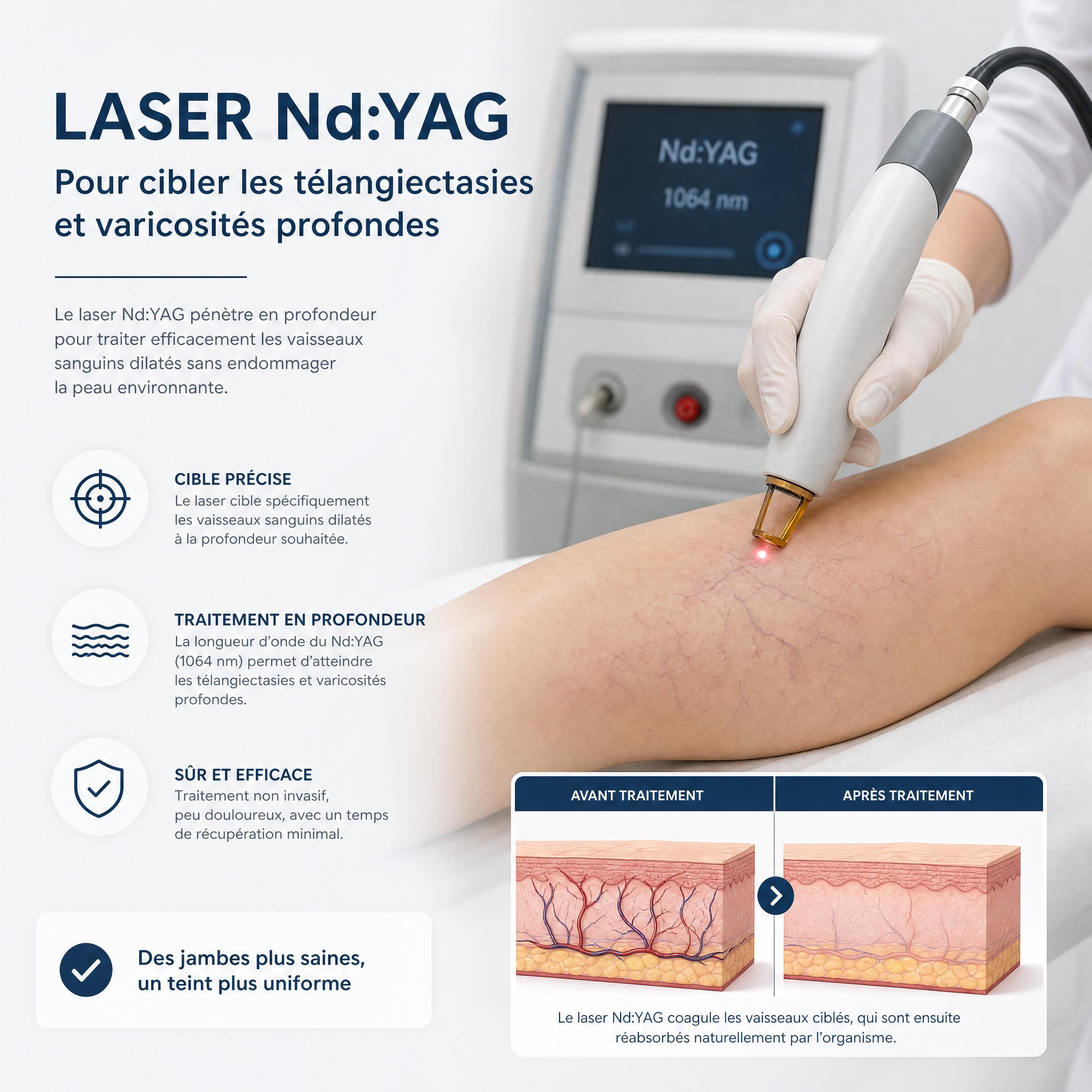 Application d'un laser Nd:YAG pour cibler les télangiectasies et varicosités profondes sur les jambes d'un patient