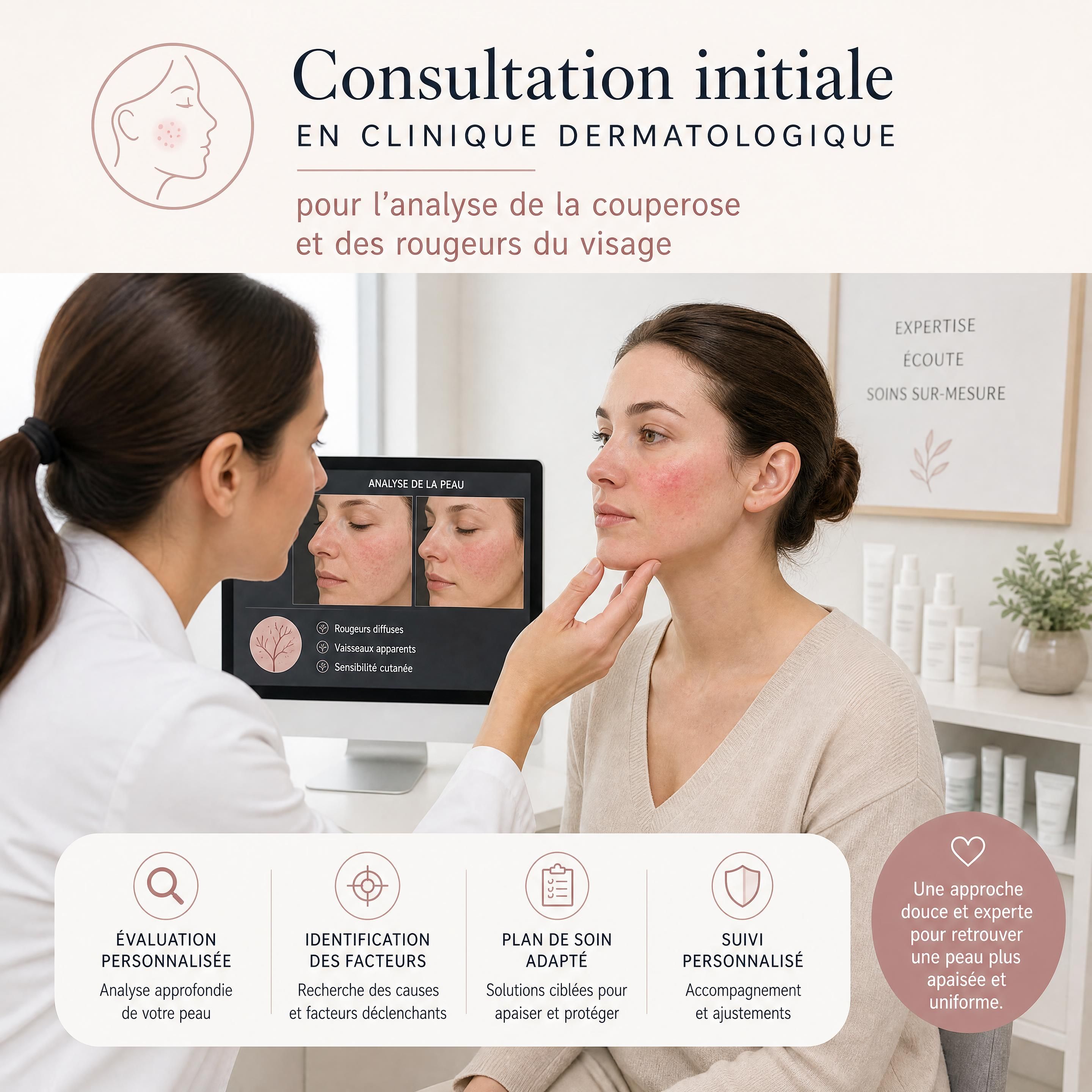 Consultation initiale en clinique dermatologique pour l'analyse de la couperose et des rougeurs du visage d'une patiente