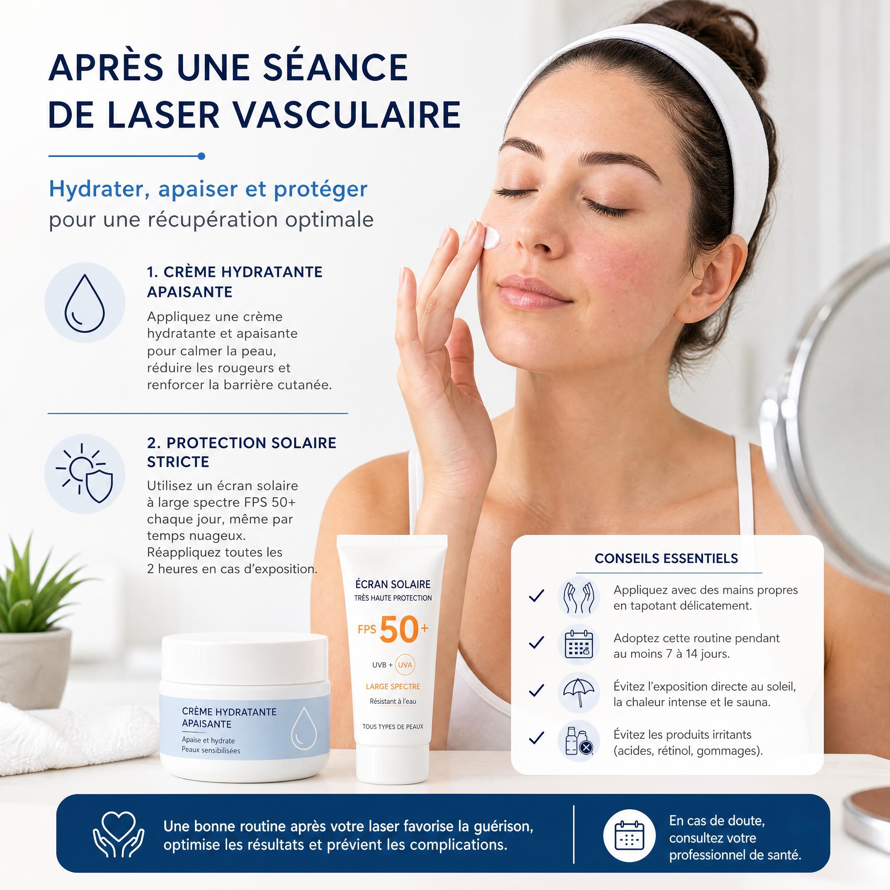 Application d'une crème hydratante apaisante et d'une protection solaire stricte après une séance de laser vasculaire