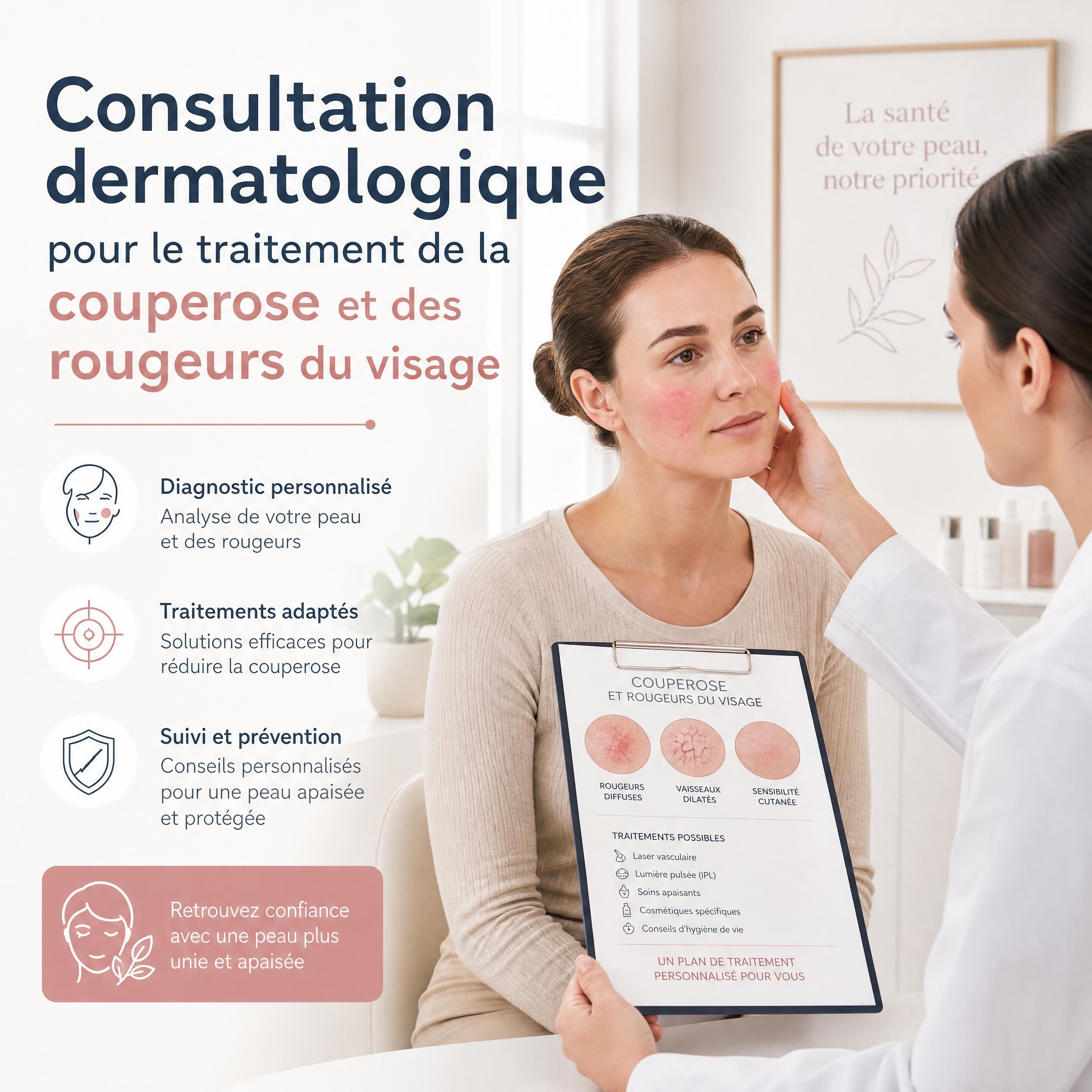 Consultation dermatologique pour le traitement de la couperose et des rougeurs du visage