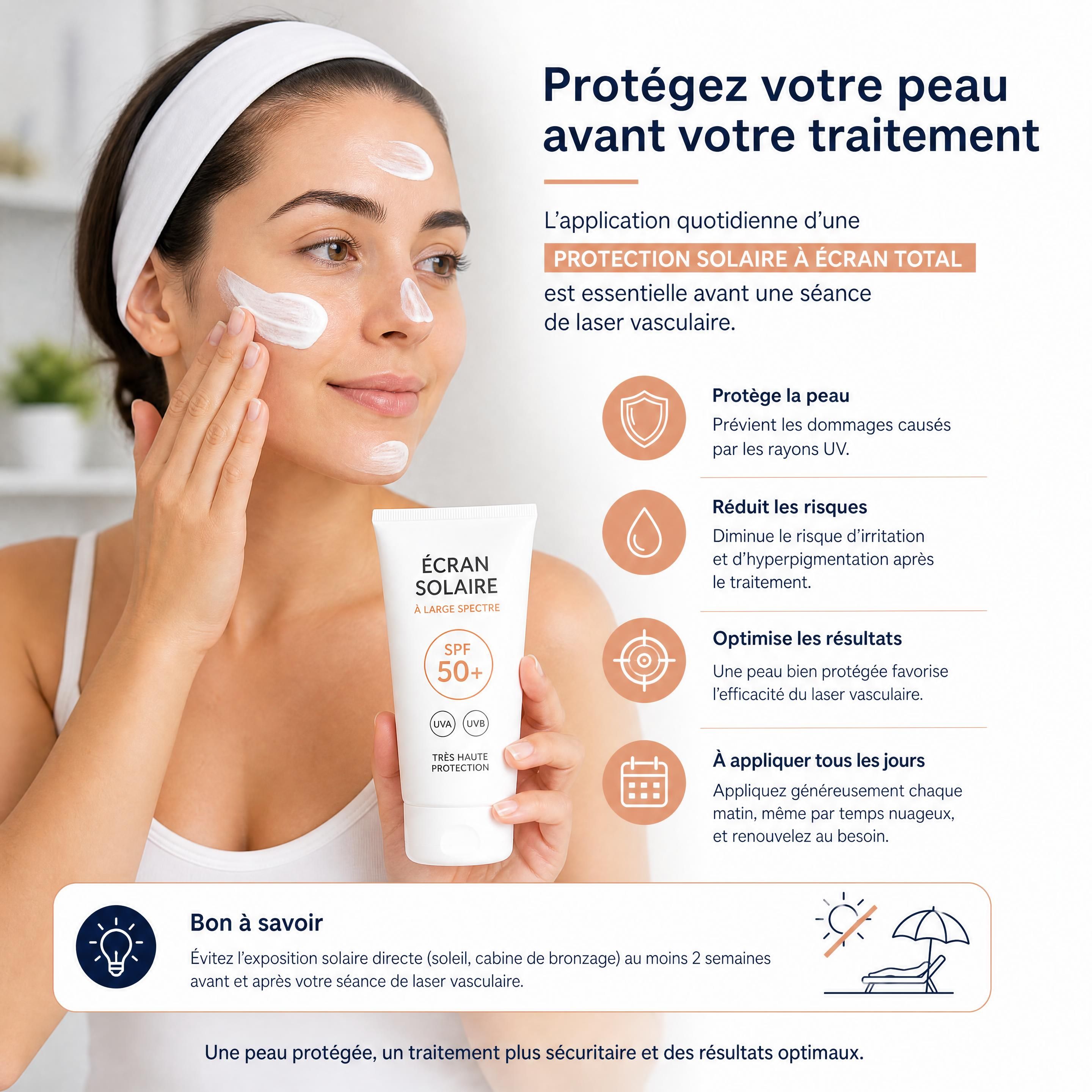 Application d'une protection solaire à écran total pour protéger la peau avant une séance de laser vasculaire