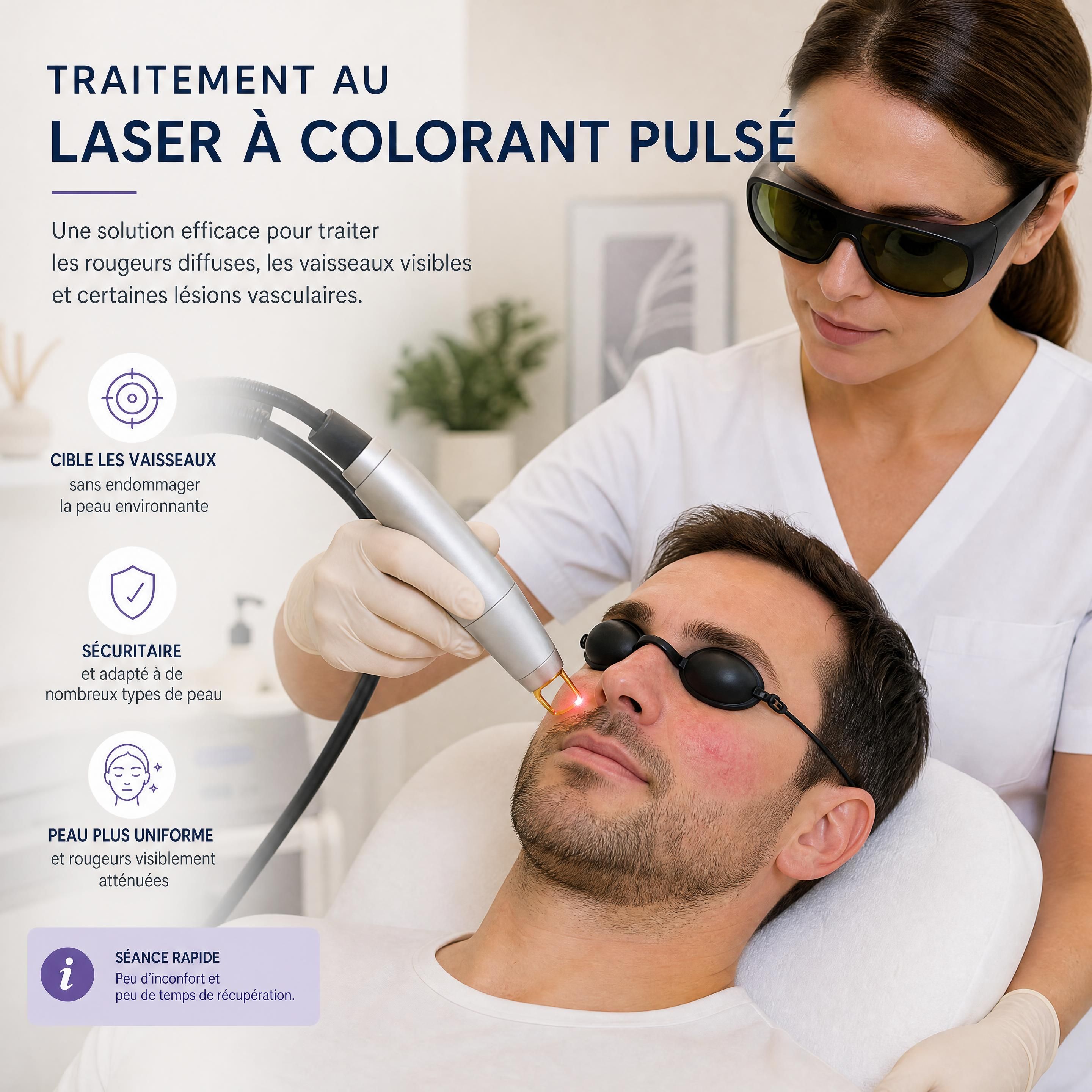 Séance de traitement au laser à colorant pulsé sur le visage d'un patient portant des lunettes de protection
