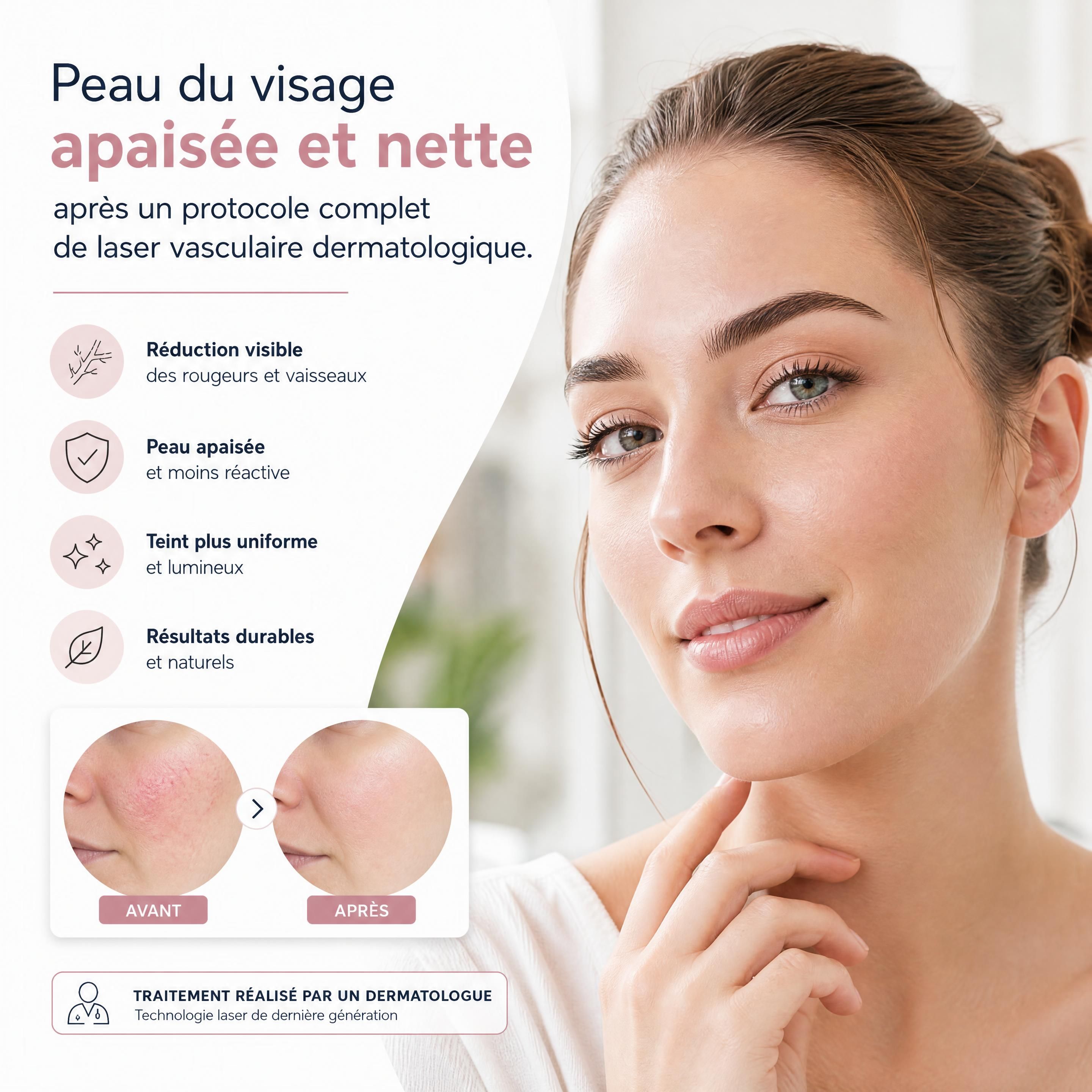 Peau du visage apaisée et nette après un protocole complet de laser vasculaire dermatologique