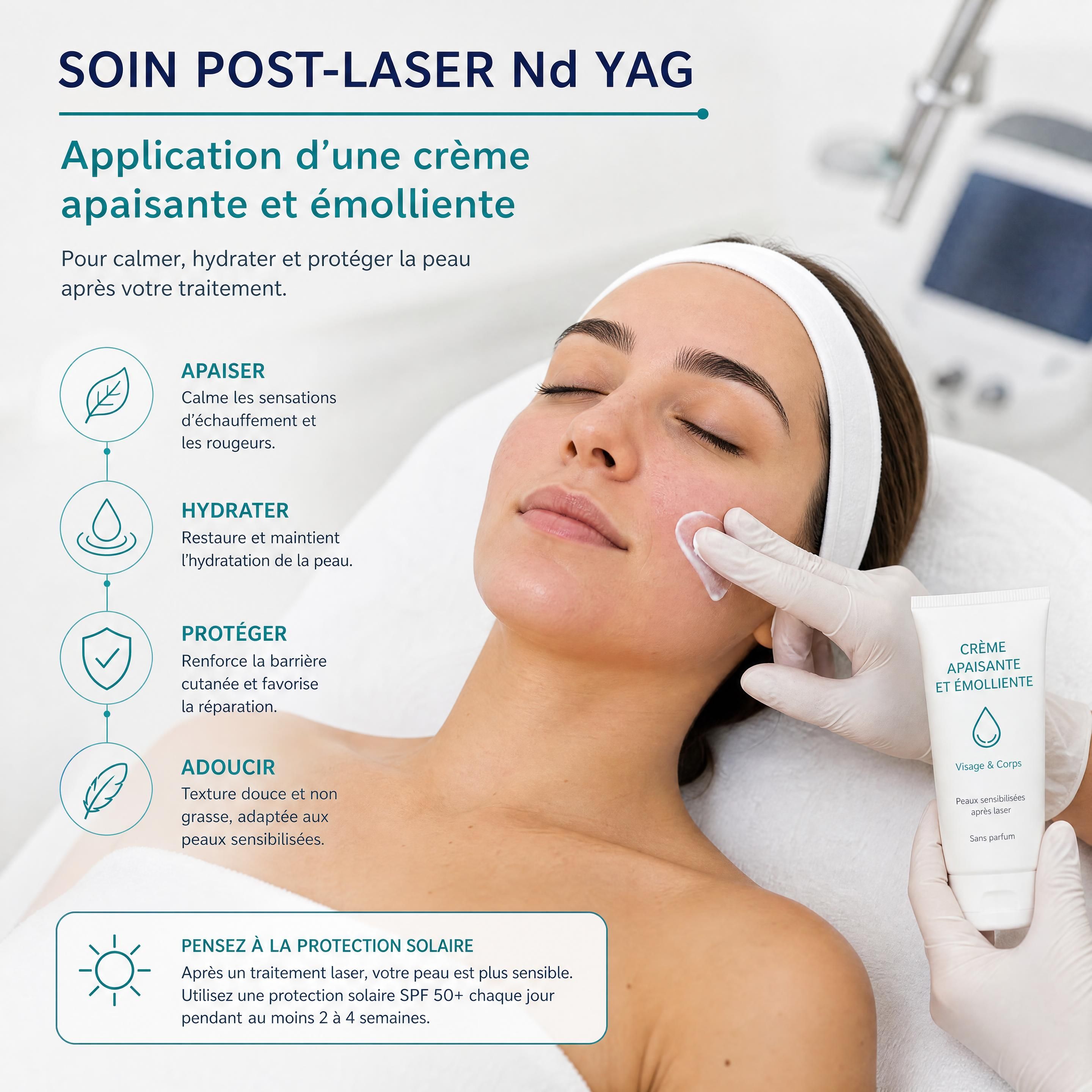 Application d'une crème apaisante et émolliente après un traitement laser Nd YAG